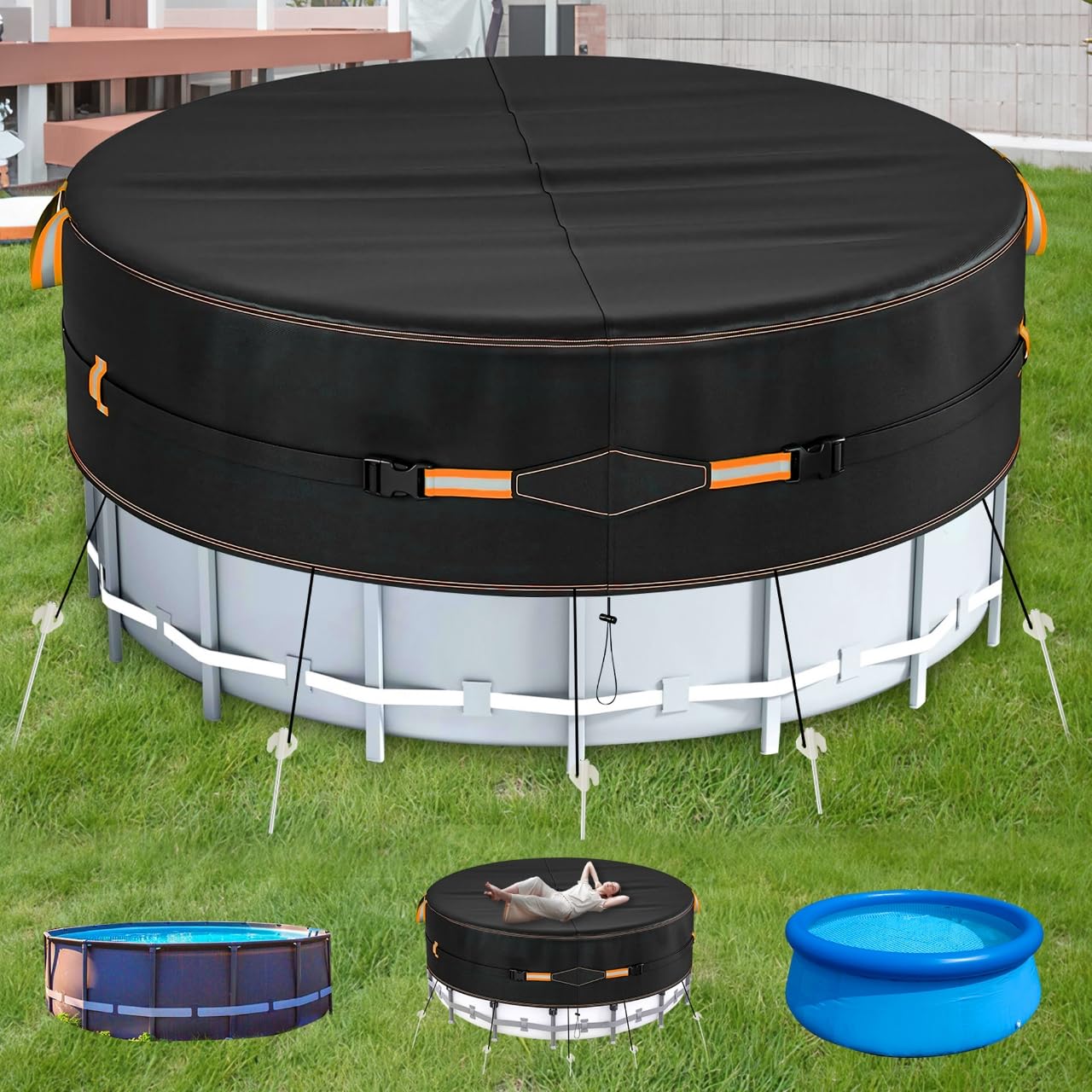 8 Ft Round Winter Pool Cover with Windproof Design, Swimming Pool Cover for Above Ground Pools, with Reflective Strips Ideal for UV Resistant, Waterproof, Weatherproof and Dustproof