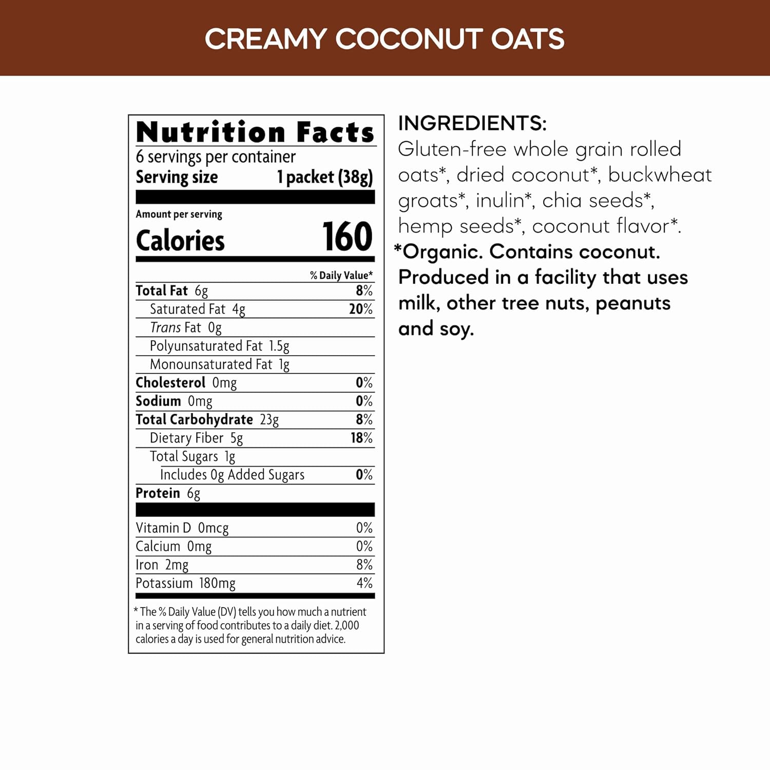 (BB. 2026- mar- 13) Nature's Path Organic Qi'a Creamy Coconut Instant Oatmeal, 8 oz (Pack of 6), Gluten Free, Non-GMO Creamy Coconut Instant 8 Ounce (Pack of 6)