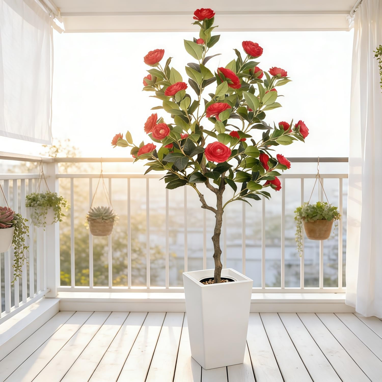 61inch Artificial Camellia Tree in Pot, Faux Camellia Plant for Home Office Living Room Decor