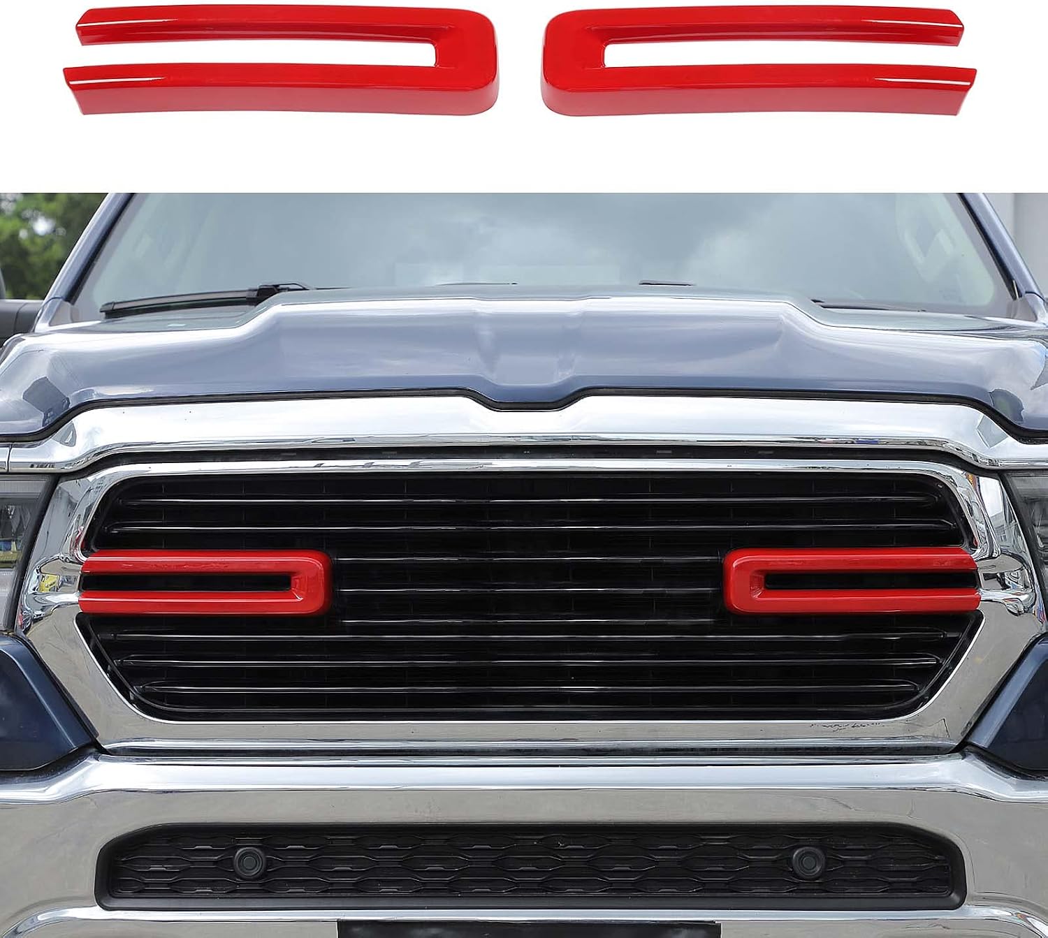 Jimen Compatible with Dodge Ram 2018-2022, 2PCS Front Grille Cover Exterior Trim Accessories (Red)