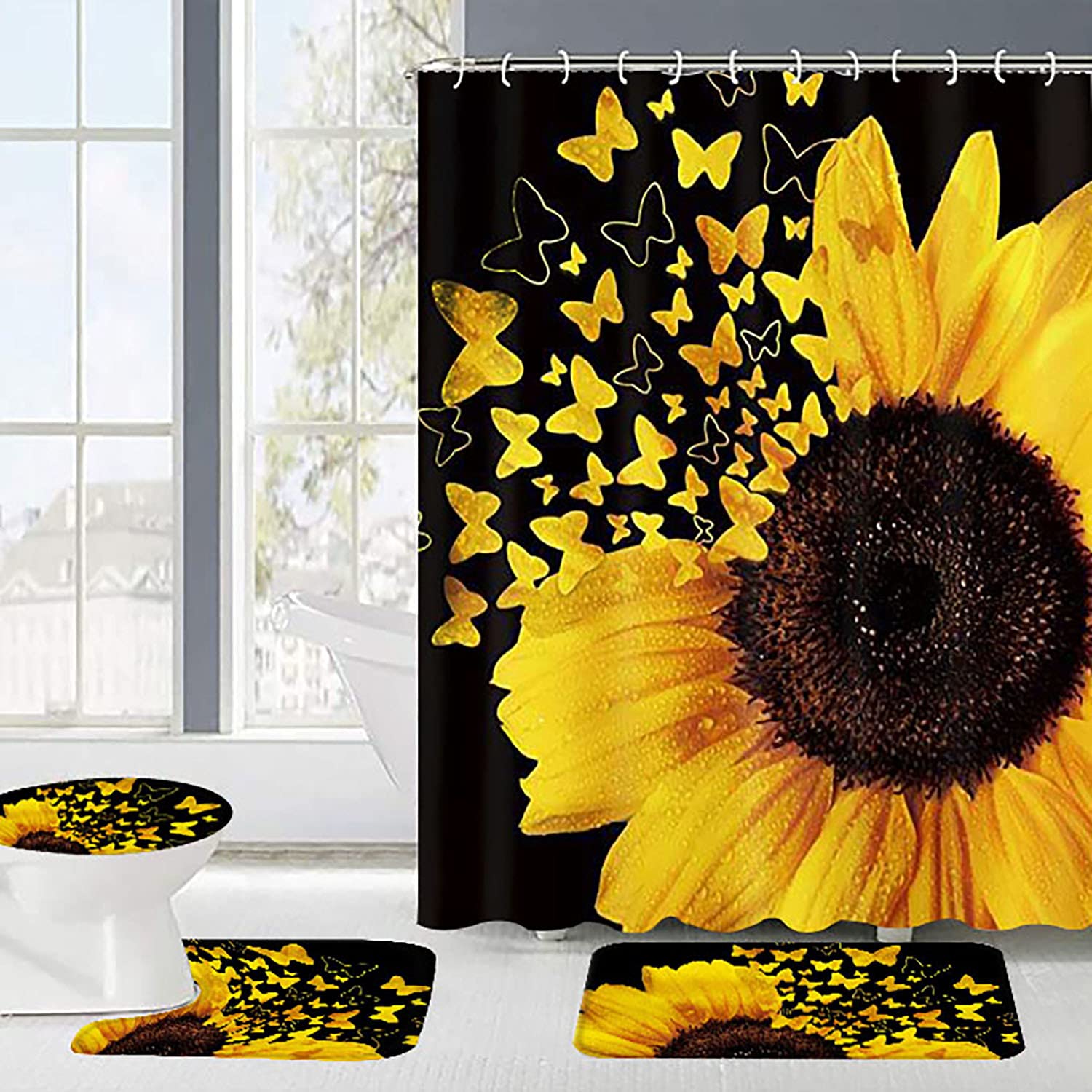 Tenda da doccia con motivo floreale e girasole, set di tende da doccia