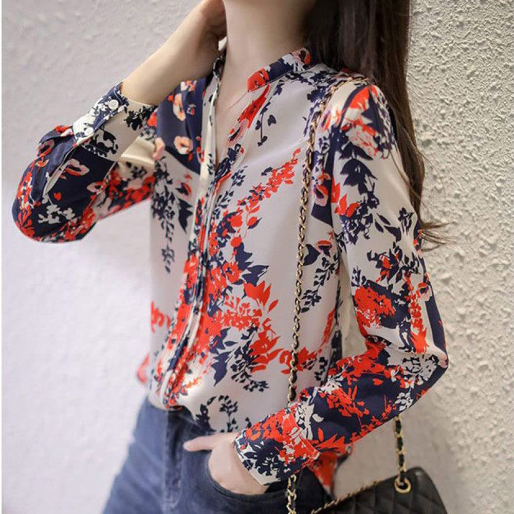 Elegantes Lässiges Langarm-Top,Damen Satin Bluse Shirt Vintage Bedruckt Langarm Vintage Mode Seidenhemden Business Hemd Mit Knopf Sexy Party Tops Lässige Arbeit Bürobluse Für Mädchen Damen