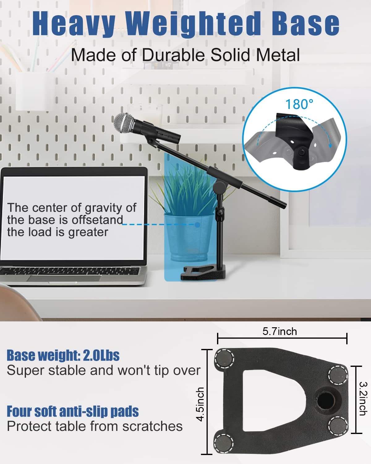 Desktop Microphone Stand, Adjustable Mic Stand with Boom Arm, Mic Clip Holder and 3/8" to 5/8" Screw Adapter for Dynamic Microphone and Blue Snowball, Blue Yeti, Kick Drums, Guitar Amps