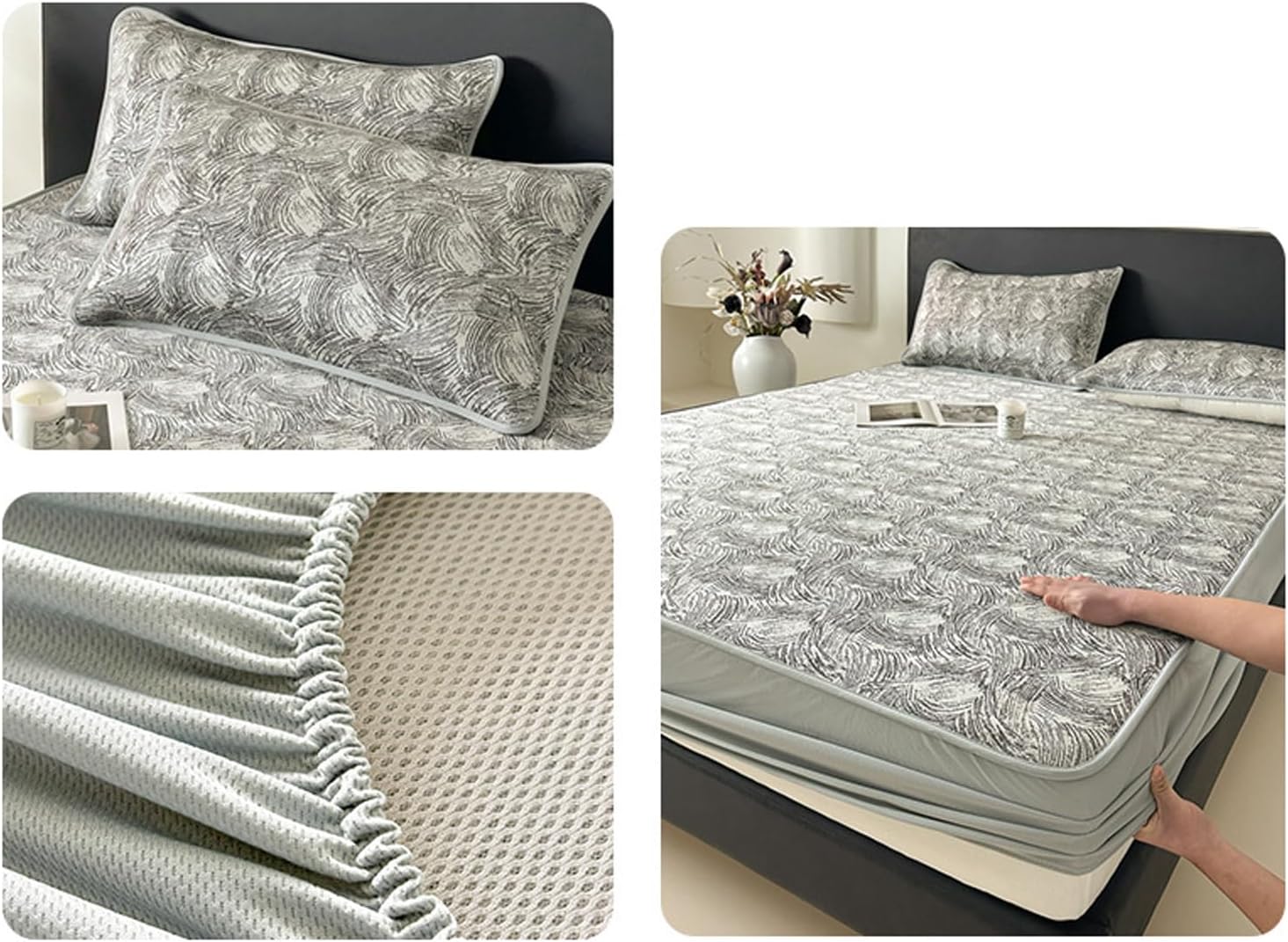 Grey/a,150 * 200cm(3PCS),LDLCYCN Cooling Mattress Protector Breathable Fitted Sheet Anti Slip Mattress Pad Cover with Elastic Band Soft Mattress Cover Bed Cover Deep Pocket of 11In with Pillowcase