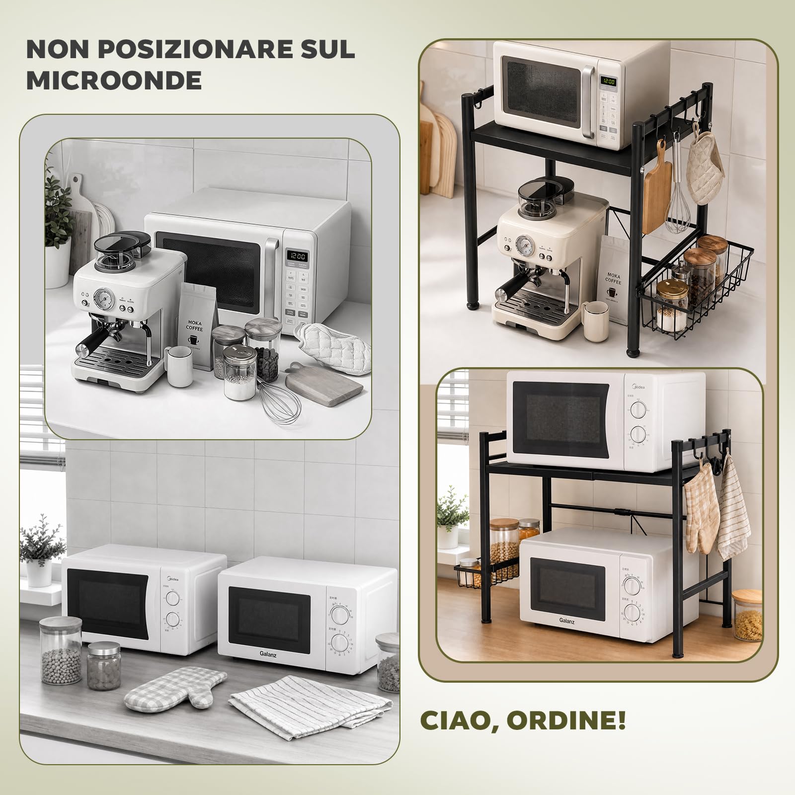 Supporto per microonde regolabile con ripiano supplementare, versione ispessita, regolabile in altezza per forno e utensili da cucina, con gancio per spezie e utensili, antiruggine, nero