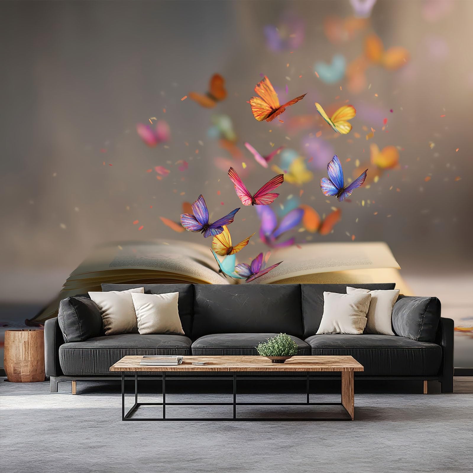 Carta da parati da parete beige con libri sognanti e farfalle colorate, decorazione da parete in tessuto non tessuto di alta qualità, per camera dei bambini e asilo, 250 x 175 cm, carta da parati