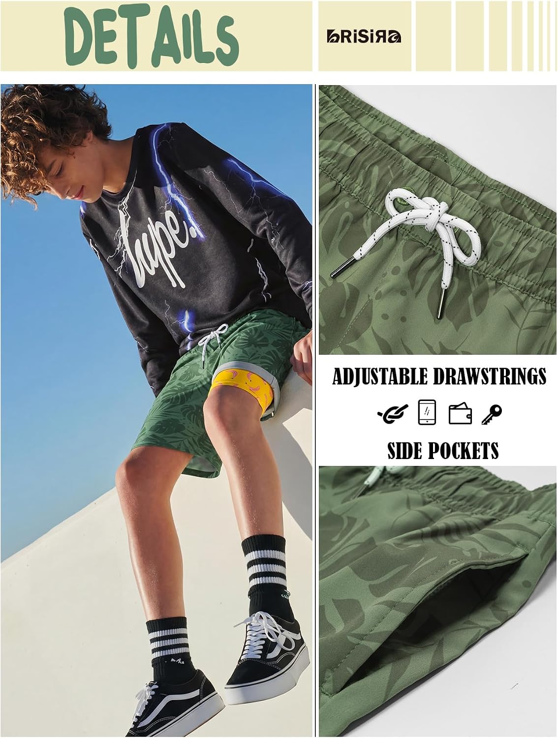 BRISIRA Boys Swim Trunks with Printed Compression Liner 5-16Y Bathing Suit Swim Shorts Swimsuit Anti-Chafe Youth Kids Teen