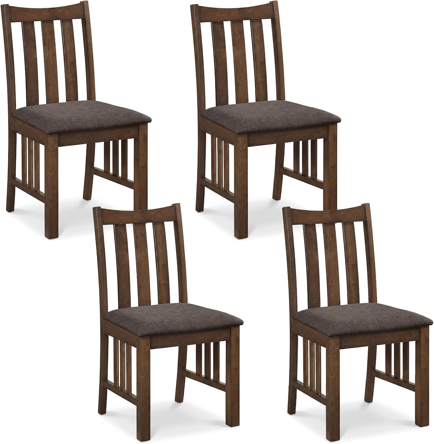 Giantex Rubber Wood Dining Chairs Set of 4, Farmhouse Kitchen Chairs with Upholstered Cushioned Seat and Slat Back, Solid Wood Side Chairs, Brown