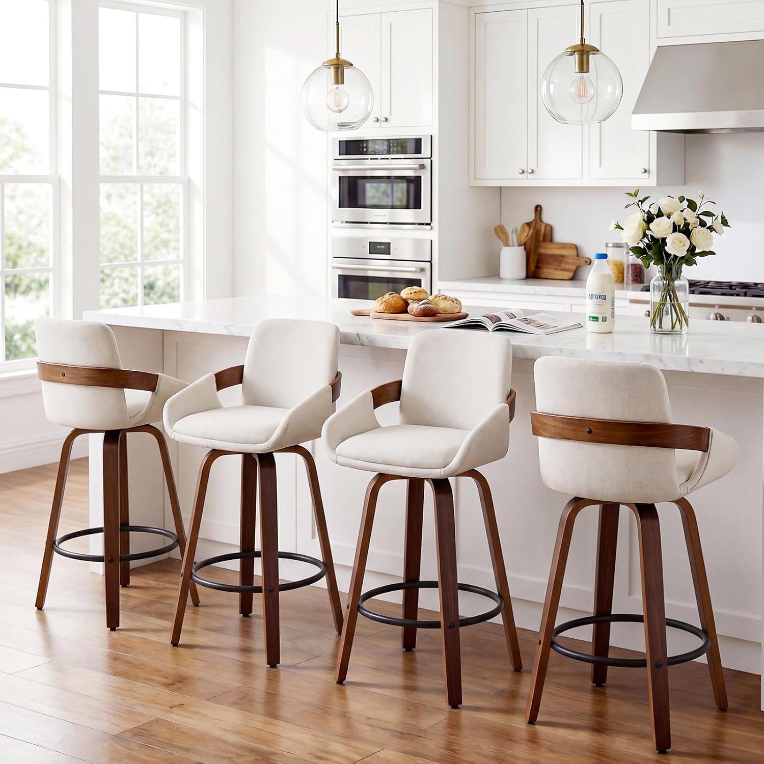 Misshappy 26 Inch Counter Height Bar Stools Set of 2, Swivel Walnut Bar Chairs with Back, Arm Rest for Modern Kitchen Island, 300 Lbs Capacity, Fabric (White)