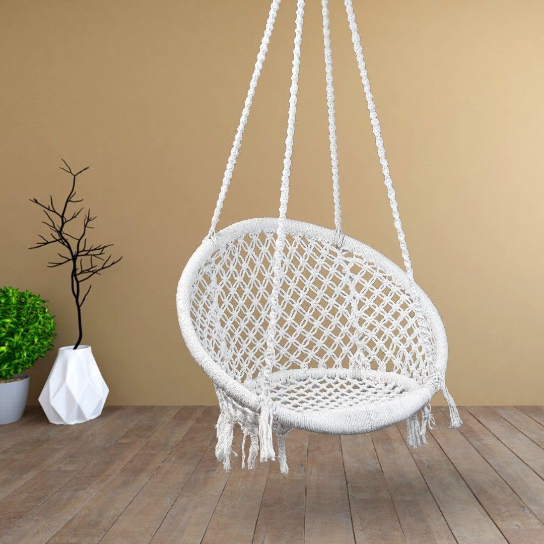 Curio Centre Make in India Cotton Round Swing Chair for Adults|Comfortable Hammock Swing for Indoor, Outdoor & Balcony Use| Without Accessories (White, 145 x 67 x 45 cm, 100 kg Capacity)-image-28