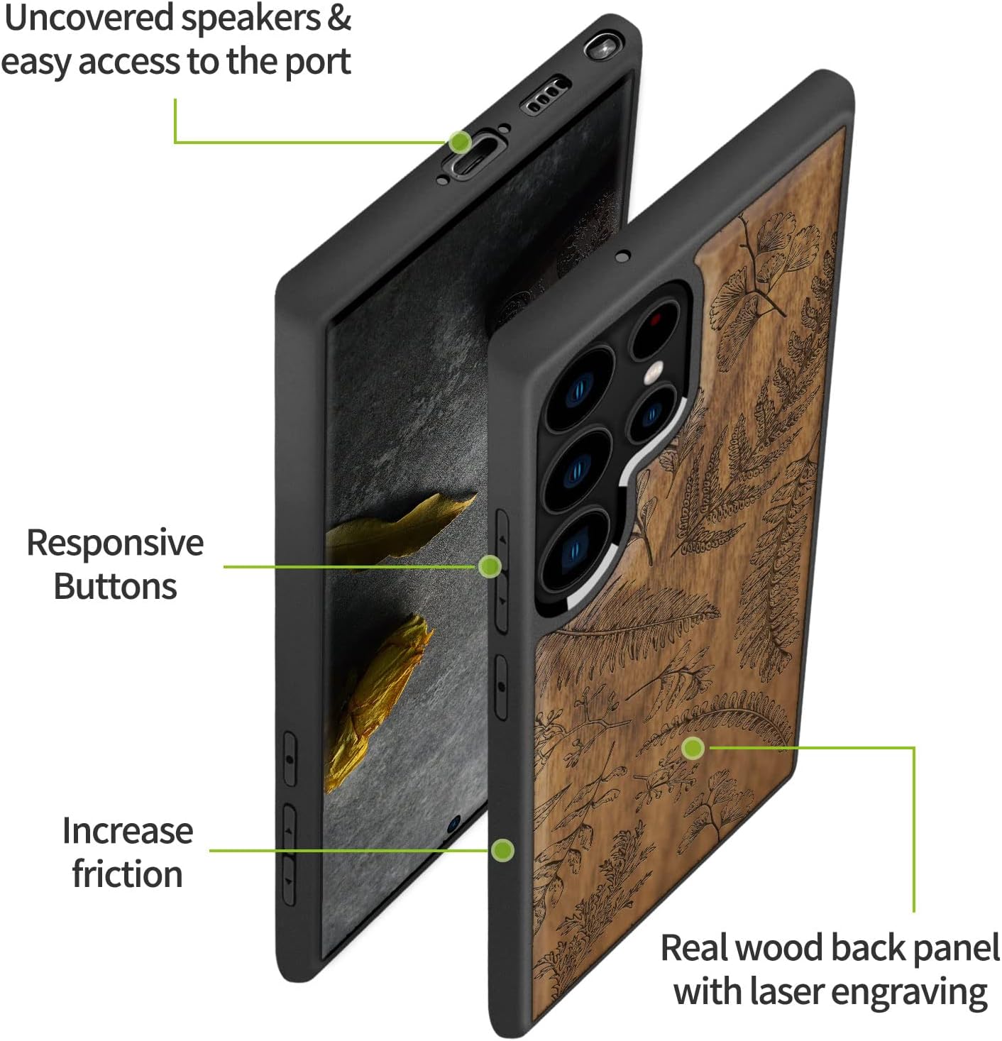 Carveit Wood Case for Galaxy S23 Ultra Case [Natural Wood & Black Soft TPU] Shockproof Protective Cover Unique Wooden Design Compatible with Samsung S23 Ultra (Fern Leaves & Herbs-Walnut)