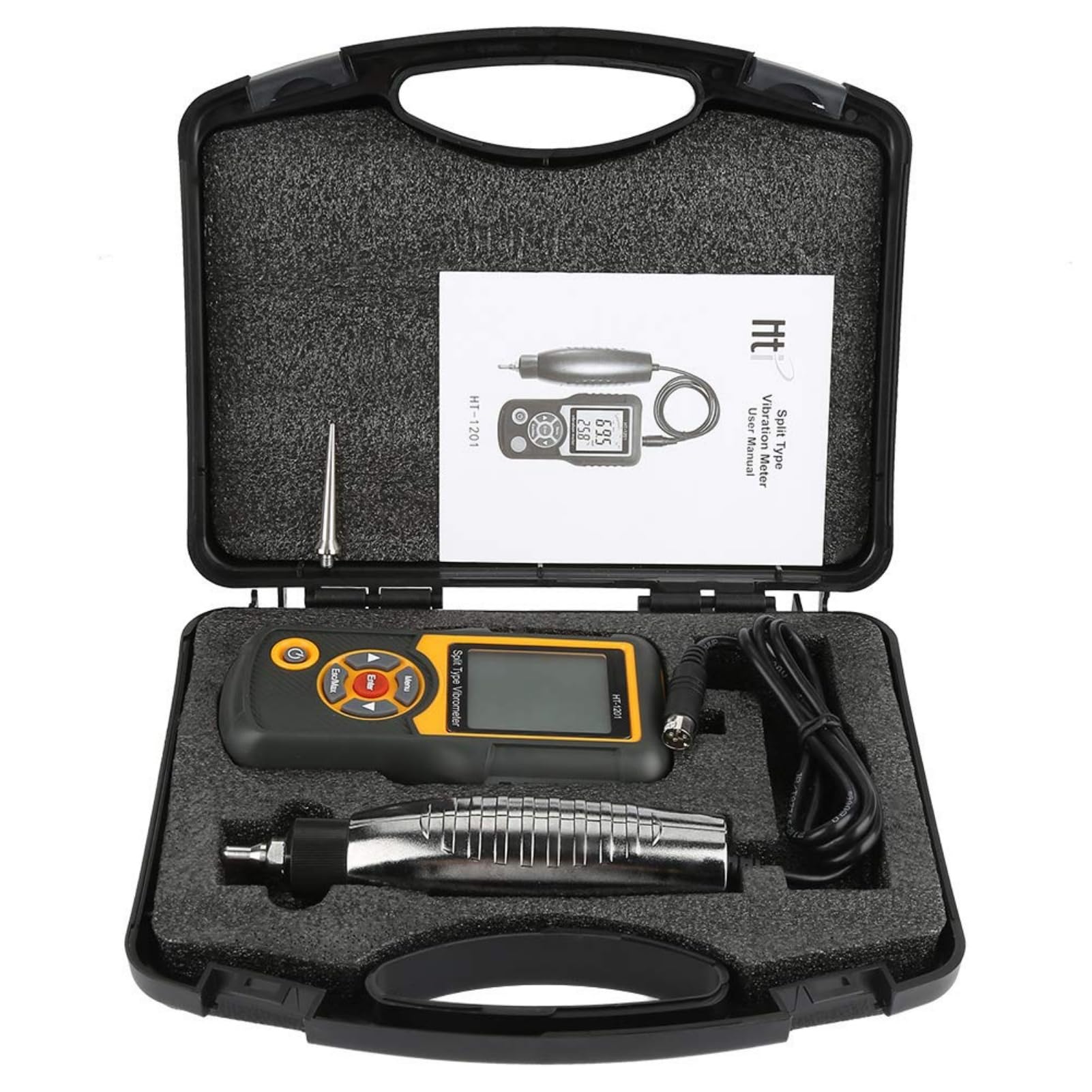 Digitales Schwingungsmessgerät HT-1201, Vibrometer mit Beschleunigungssensor, Präzisions-Messgerät für Geschwindigkeit 0,1-199,9 m/s², Split-Typ Handgerät, für Industrie Wartung, Maschinenanalyse