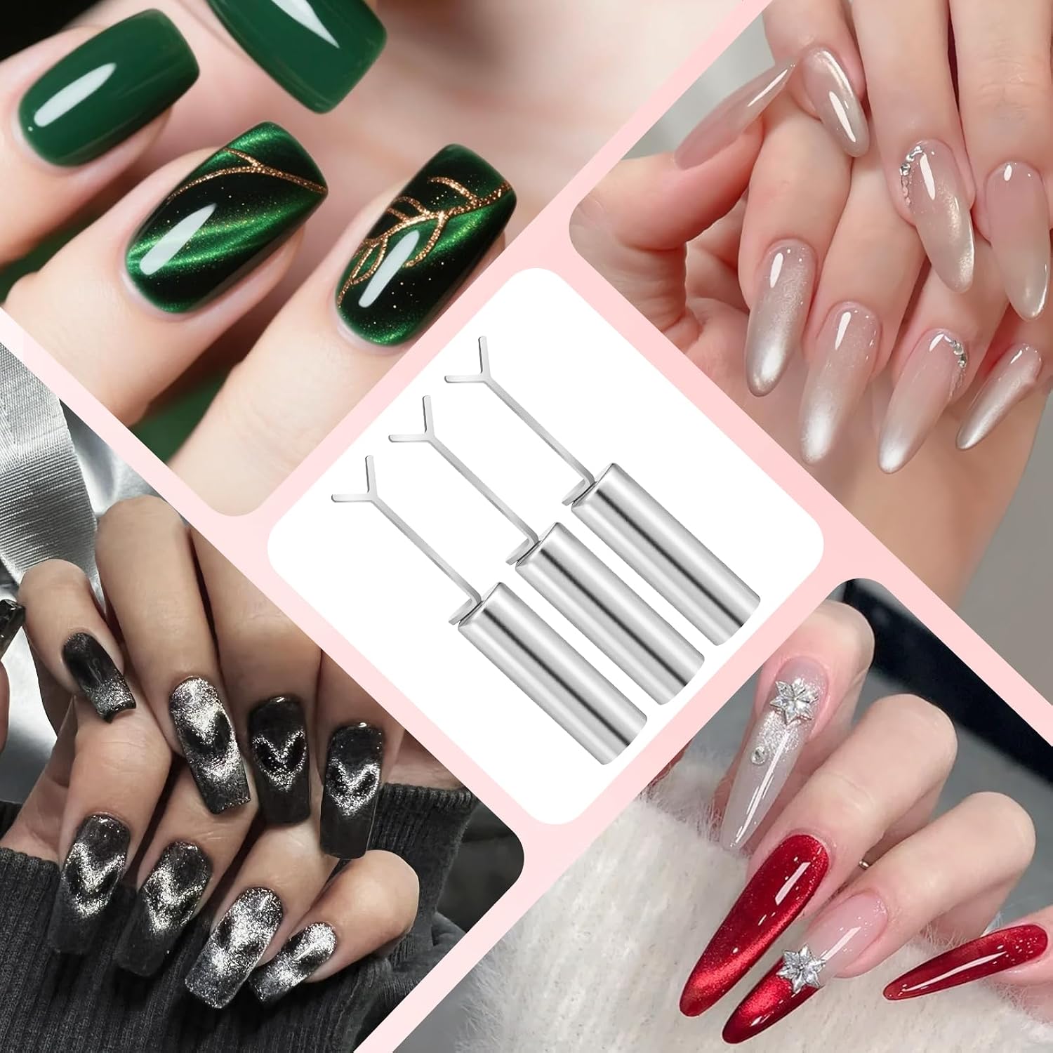 5 Pcs Heart Magnet for Cat Eye Gel Polish, Cat Eye Magnetic Nail Art Tool SetMagnet Sticks with Y-Shaped Guide for Nails, Magnetic Nail Art Tool for Stunning Cat Eye Effect, DIY Manicure Kit