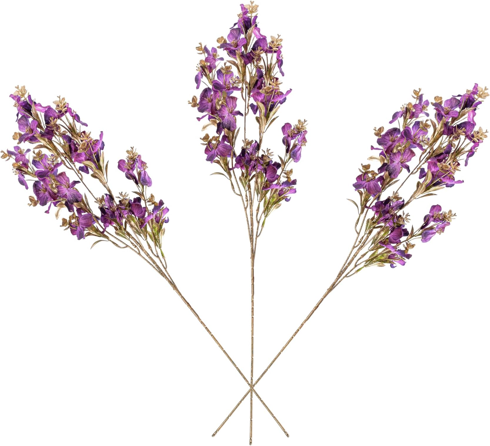 Artificial Orchid Flowers with Gold Eucalyptus Leaves, 3 Stems, 30 Inch tall, Assorted Colors, Red, Orange, Purple, Blue, or Green, Decorative Floral Arrangement (Purple)