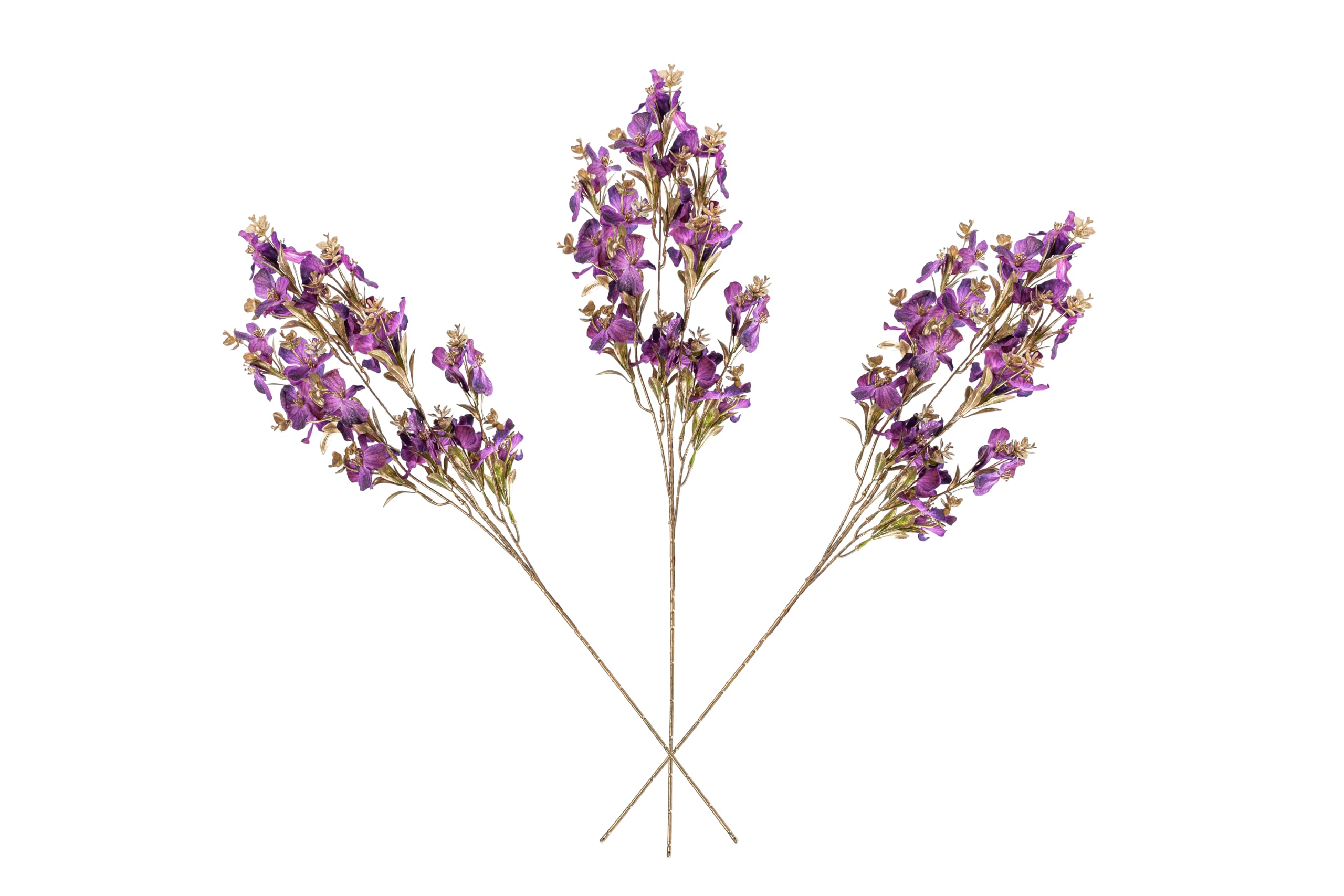 Artificial Orchid Flowers with Gold Eucalyptus Leaves, 3 Stems, 30 Inch tall, Assorted Colors, Red, Orange, Purple, Blue, or Green, Decorative Floral Arrangement (Purple)