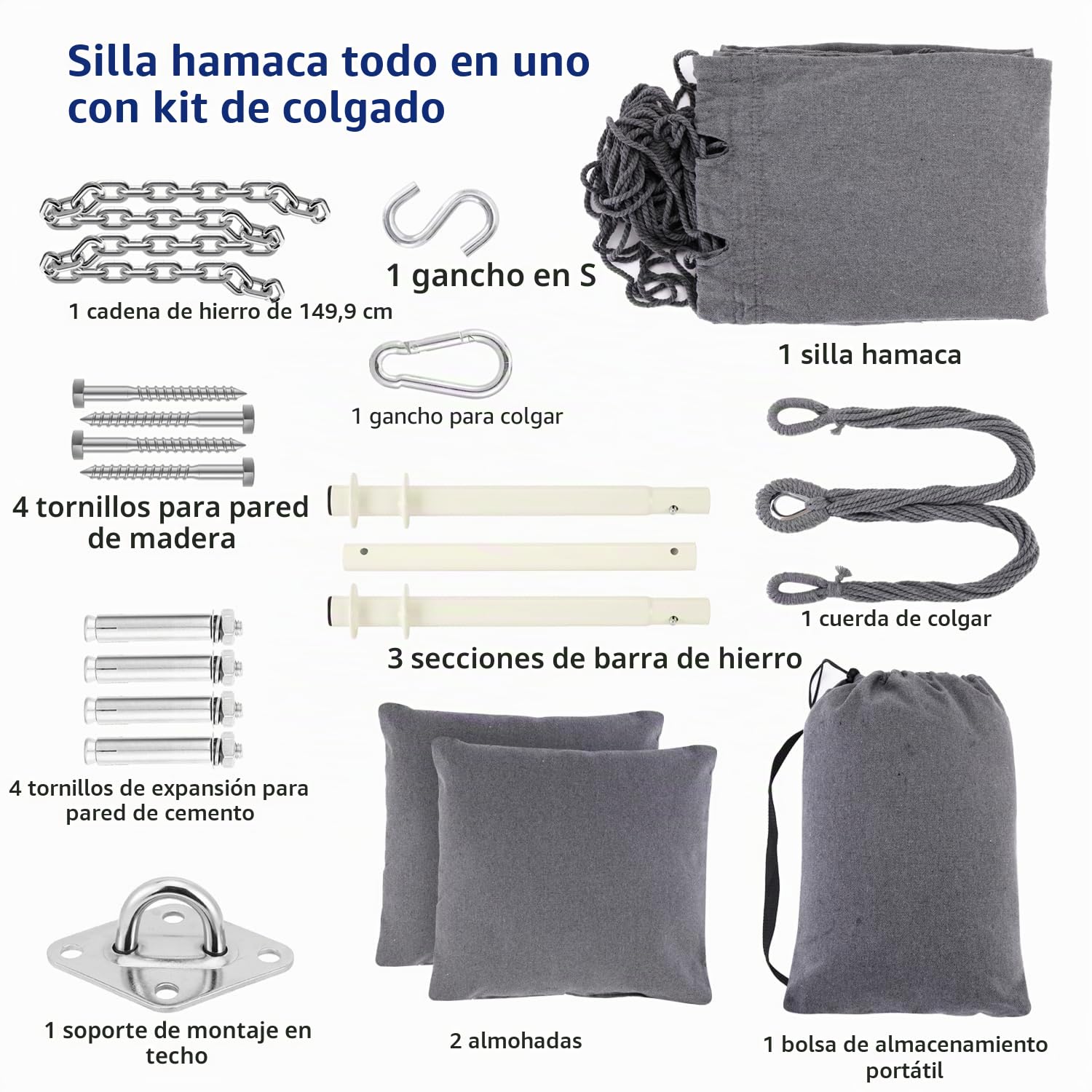 Ohuhu Silla Colgante Silla de Hamaca con 2 Cojines y Kit de instalación, Tejido de algodón para Mayor Comodidad, Durabilidad para Interiores y Exteriores, Dormitorio, Patio, Gris
