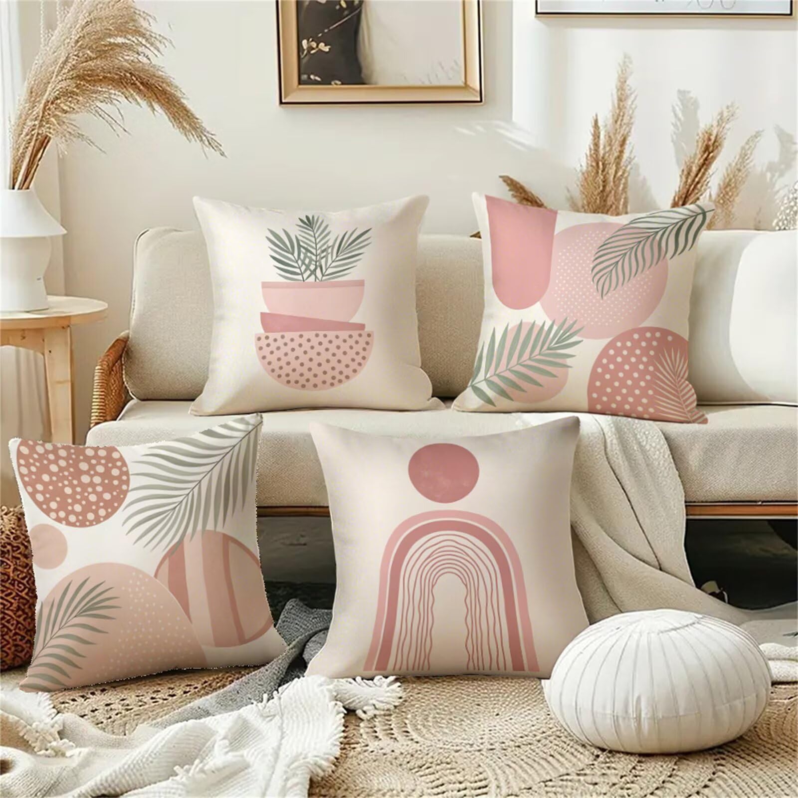 4er Set Kissenbezüge Wasserdicht Kissenbezug 50x50 cm Zierkissenbezüge Rosa Streifen Moderne Outdoor Kissen Leinen Kissenhülle Dekokissen für Garten Sofa Couch Wohnzimmer Schlafzimmer