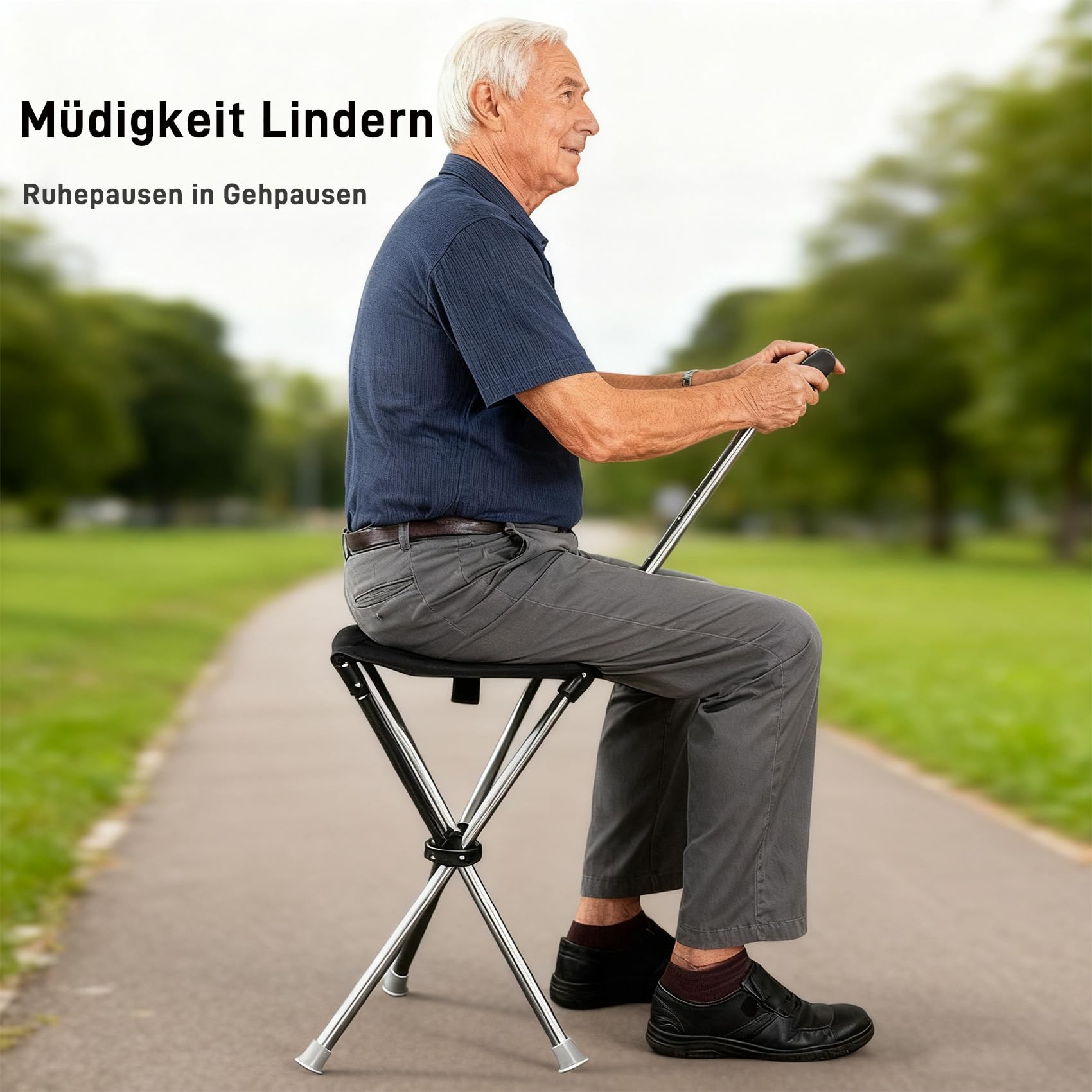 Bastón plegable con función de asiento, altura de 80 – 90 cm, capacidad de carga de 150 kg, base de silicona antideslizante, para personas mayores de 140 – 190 cm, ideal para exteriores