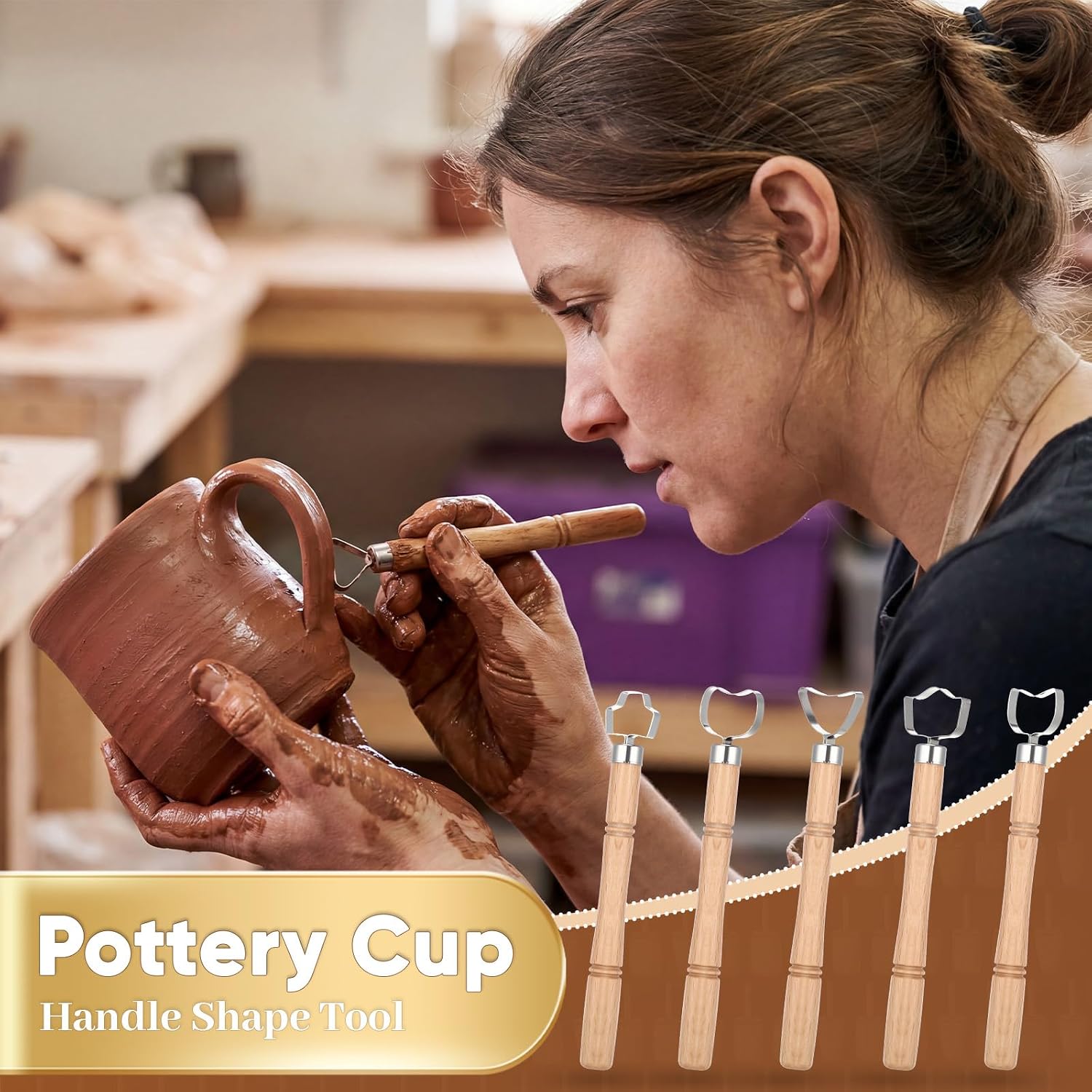 Ferrochef 8 Pack Cup Pottery Molds Clay Tools Set Wooden Sculpture Scraper Pottery Carving Tool Cup Handle Shape Clay Cutters for DIY Mug Vase Art Making, 17, 15, 12oz