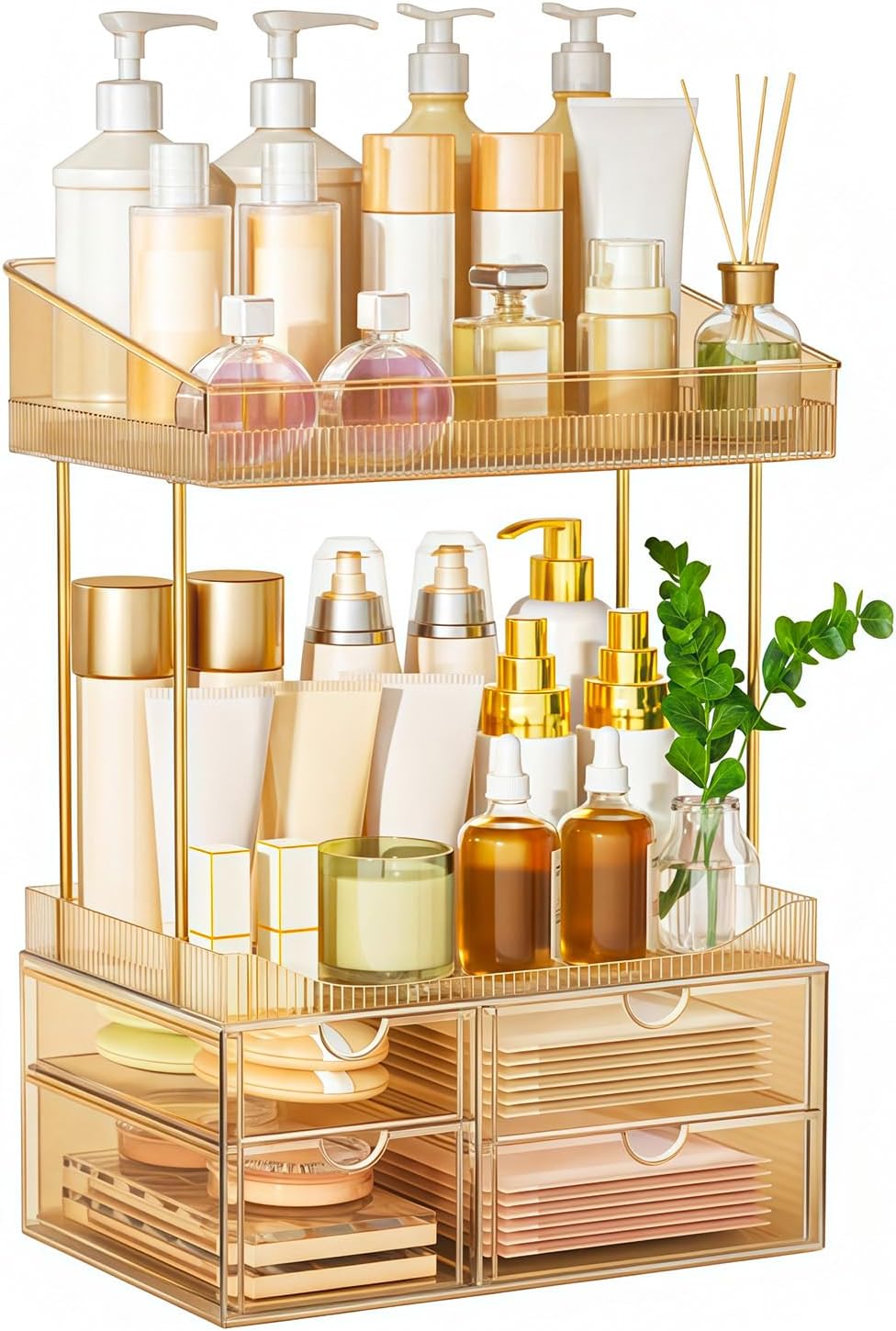 Makeup Organiser - Upgraded Transparent Perfume Organiser with 2 Shelves & 4 Dra