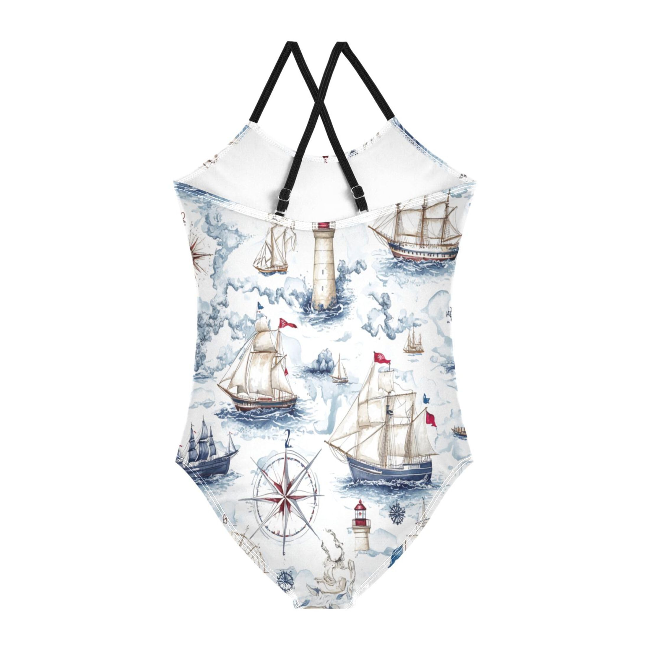 Vozoza Sea Map Nautical Baby Girl Swimsuit Kids One Piece Bathing Suits Swim Clothes for 4 Year Old Girl Multicolor