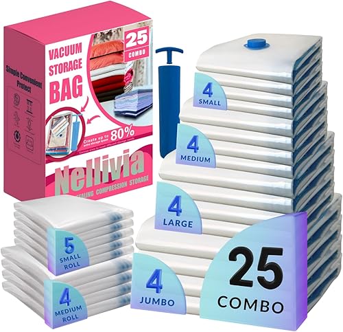 Paquete de 25 bolsas de almacenamiento al vacío con bomba, ahorro de espacio de compresión para edredón, ropa de cama, almacenamiento de mantas,