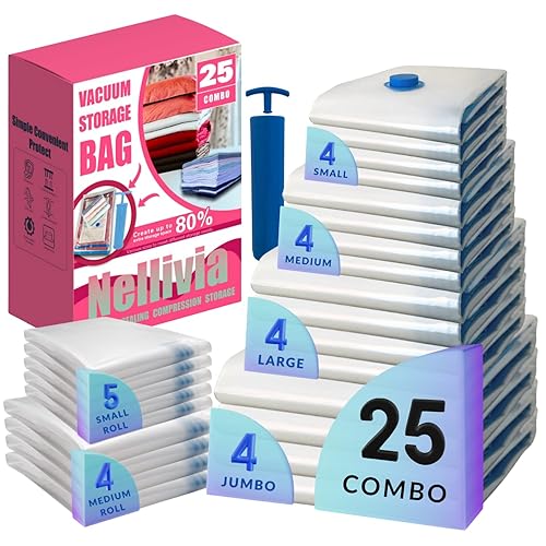 25 Pack Vacuum Storage Bags with Pump, Compression Space Saver