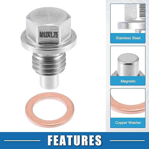 Miniatura 4 de Tapón magnético de drenaje de aceite para motor de vehículo M12x1.25 de acero inoxidable con lavadora de cobre (paquete de 2)