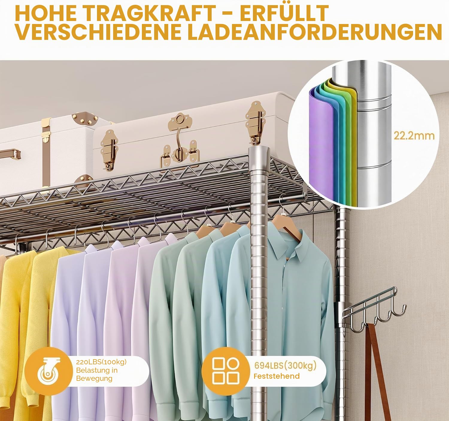 GarveeHome Robuster rollbarer Kleiderständer, Traglast 314 kg zum Aufhängen von Kleidung, freistehender Schrank-Organizer und Aufbewahrung, Kleiderständer mit Rollen, Stangen, Seitenhaken