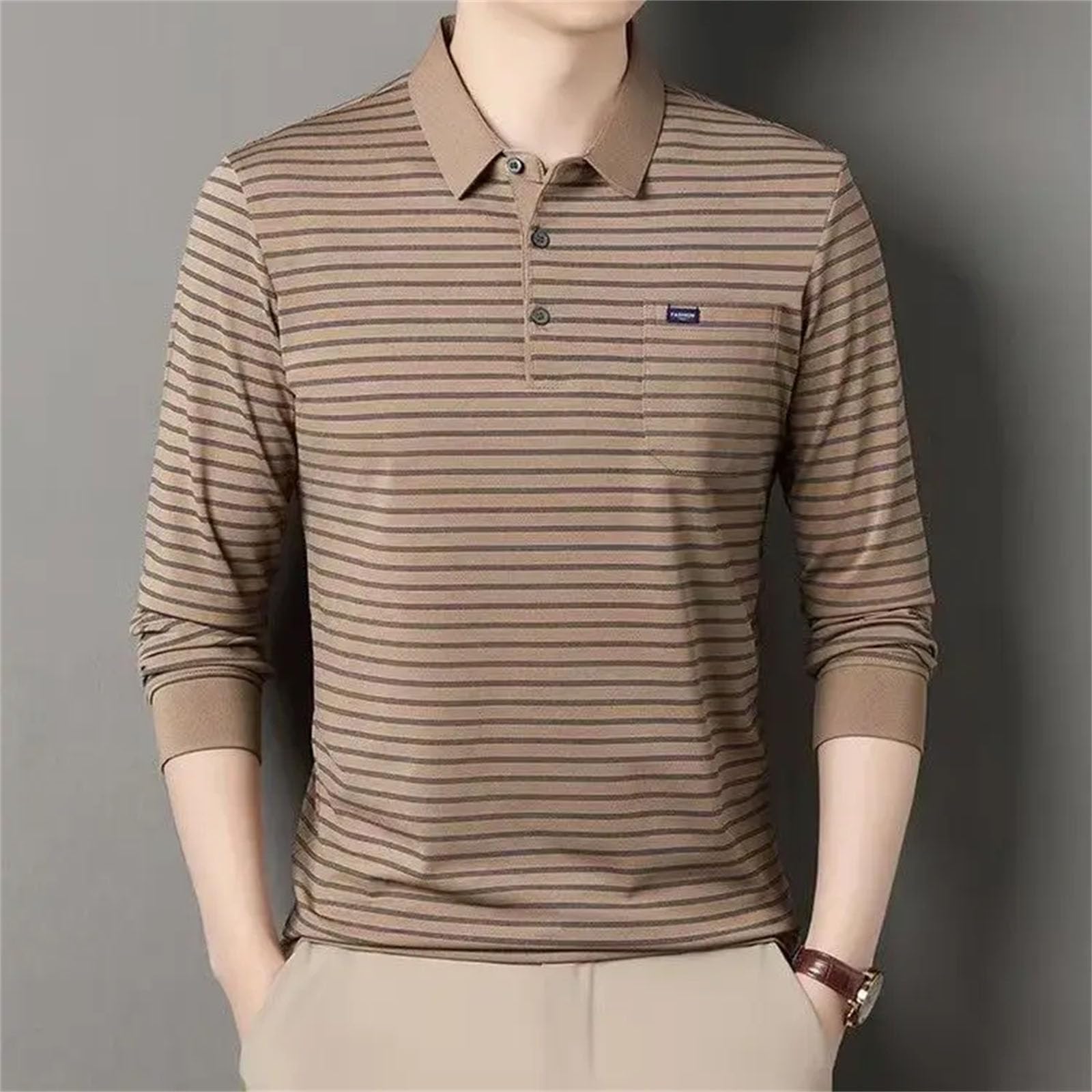 Camiseta de manga larga para hombre de mediana edad, con solapa, base fina, para ancianos de mediana edad