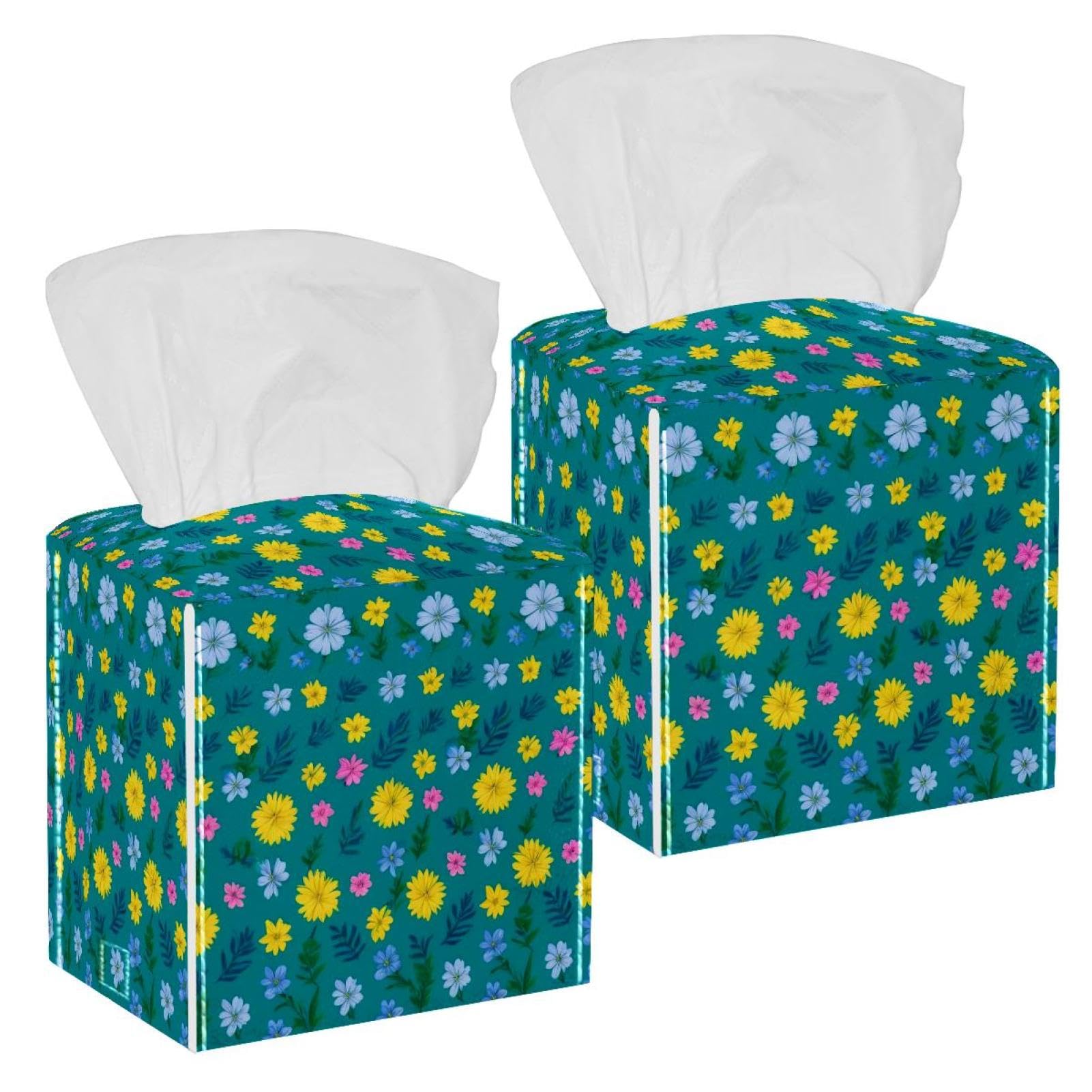 Aesthetic Flower Tissue Box Cover, 2 Pack PU Leather Square Facial Tissue Dispenser Box holder for Home Office Car
