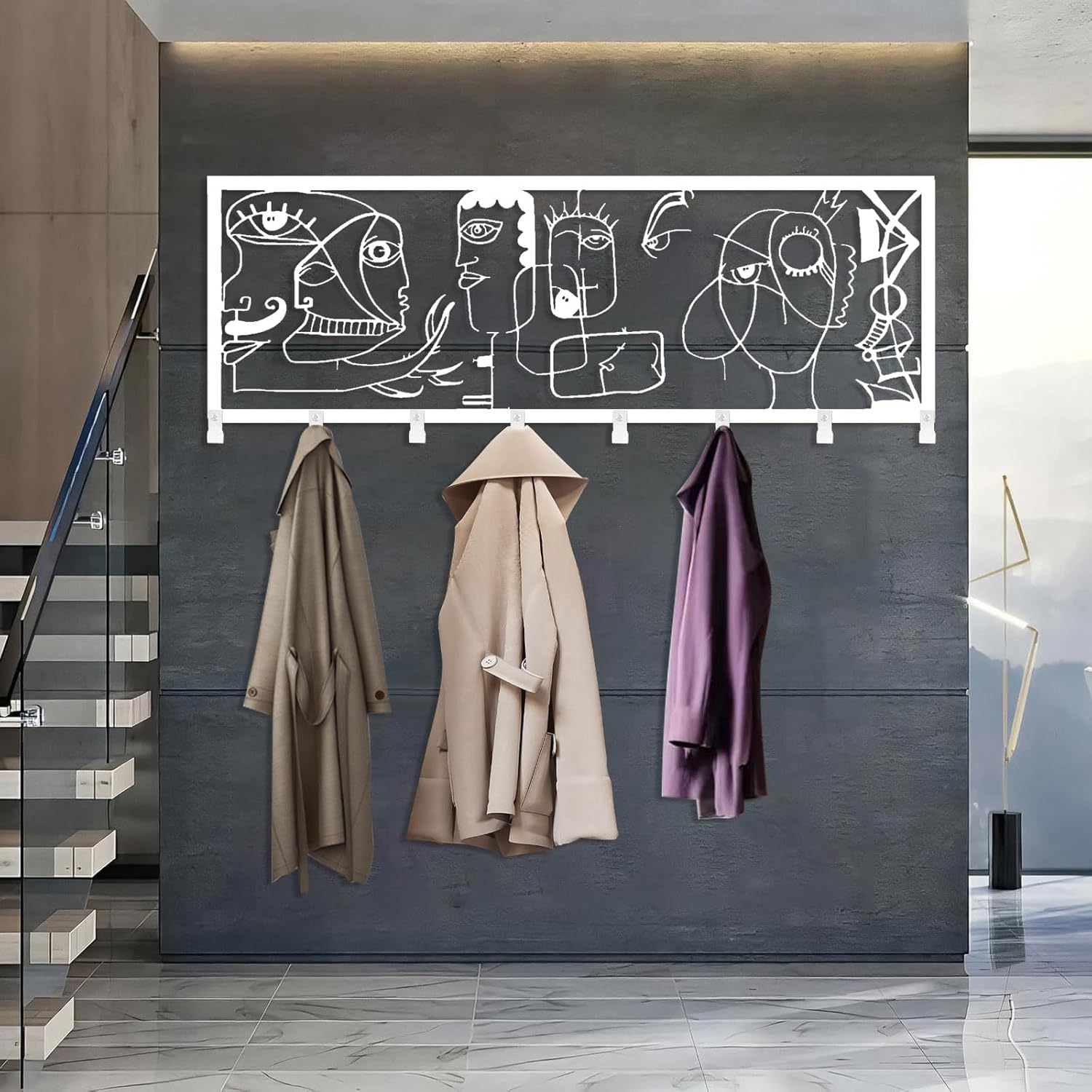 Picasso Face Metal Coat Rack, Abstract Faces Coat Hooks Wall Art, Minimalist Line Wall Mount, Abstract Modern Key Clothes Hat Holder, Entryway Wall Hanger (Black, 12"x35"|31x90cm)