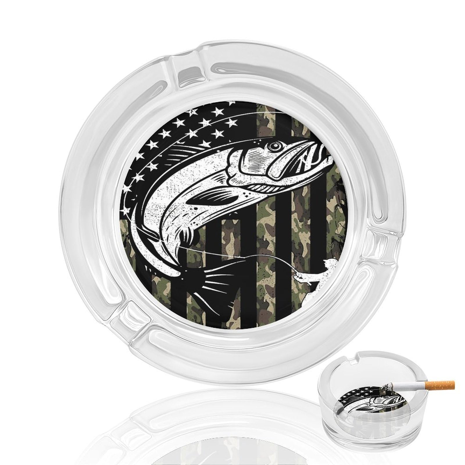 Americans-Flag Camouflage Bass Fishing Ashtray Portable Round Glass Outdoor Ash Tray for Home Office Garden Pub