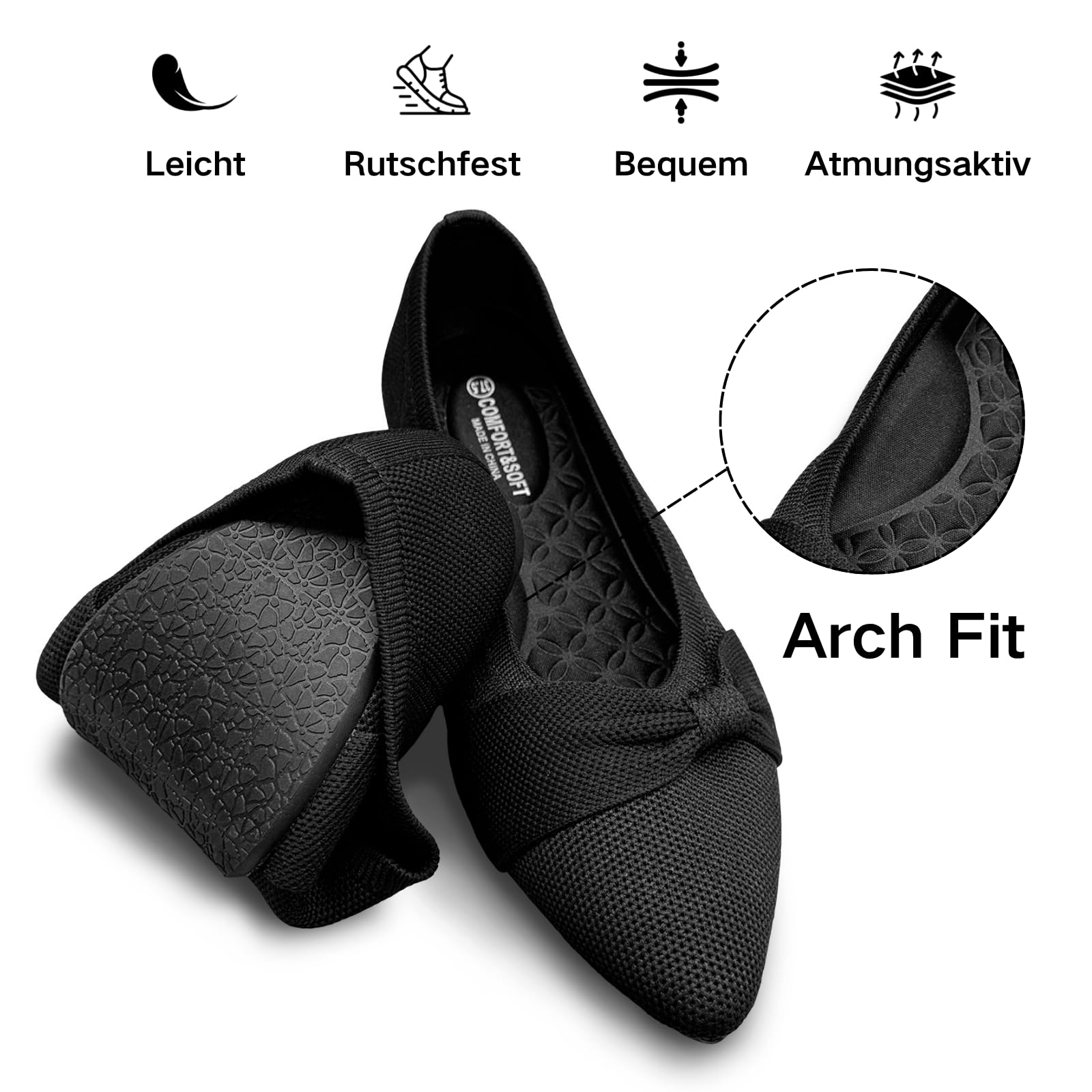 CALEBGAR Damen Ballerinas Spitz zulaufend, Gestrickte Slip-On Slipper mit Schleife, Elegante und superweiche Flache Schuhe für Kleider und Freizeit