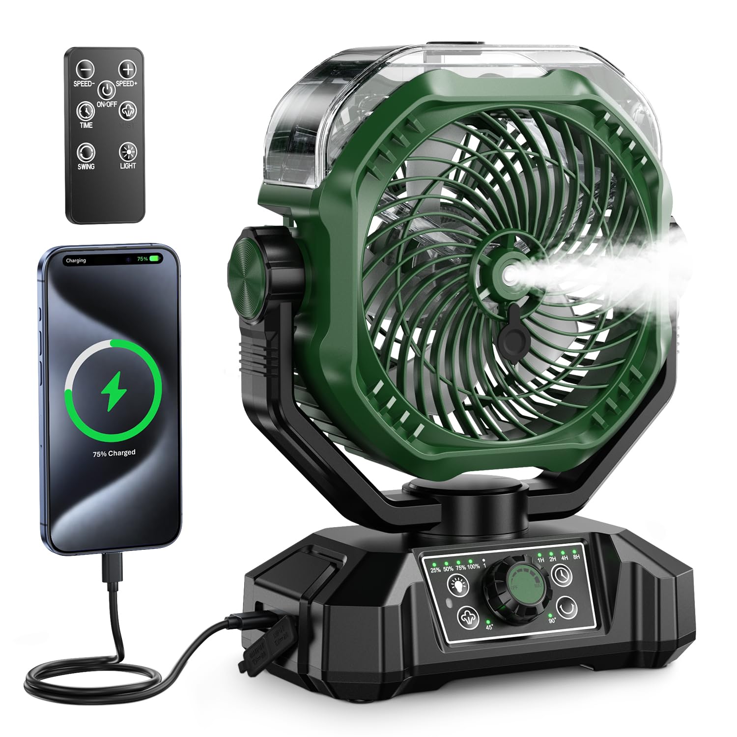 coldSky Portable Misting Fan, 10000mAh Rechargeable Camping Fan with Mist, 360mL Water Tank, 9-19H Runtime, Dual Mist Modes, LED Lights, 8 Speeds