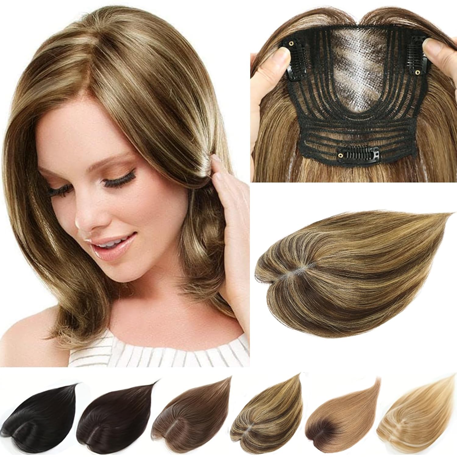 Real Human Hair Toppers for Women – Clip In, Swiss Base, 12 Inch, Medium Brown Mix Blonde, 40g