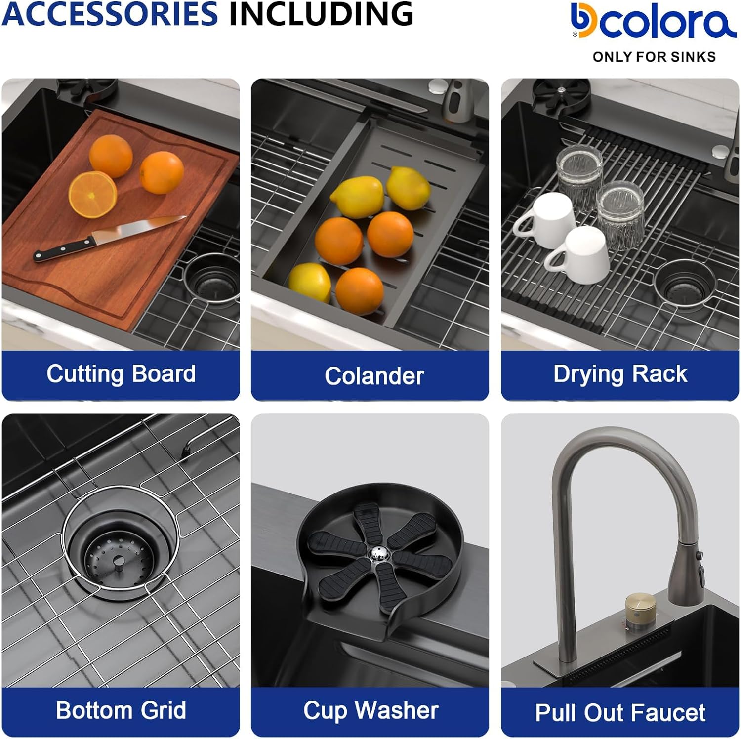 Dcolora 30 In. Drop In Black Waterfall Smart Kitchen Sink Single Bowl Workstation, 16 Gauge 304 Stainless Steel with Faucet & Cup Washer, 30"x22"x10" #DC-SFDOE00002