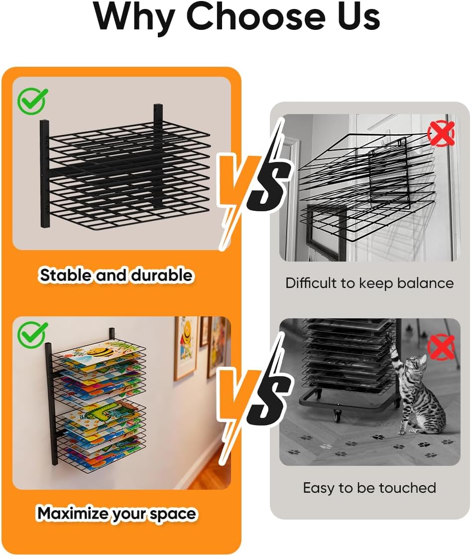 mocomax Wall Mount Art Drying Rack, 16 Removable Shelves Metal Paint Drying Rack, Space-Saving Artwork Paper Storage Holder Organizer for Classrooms, Art Studios, Schools, Galleries, Black