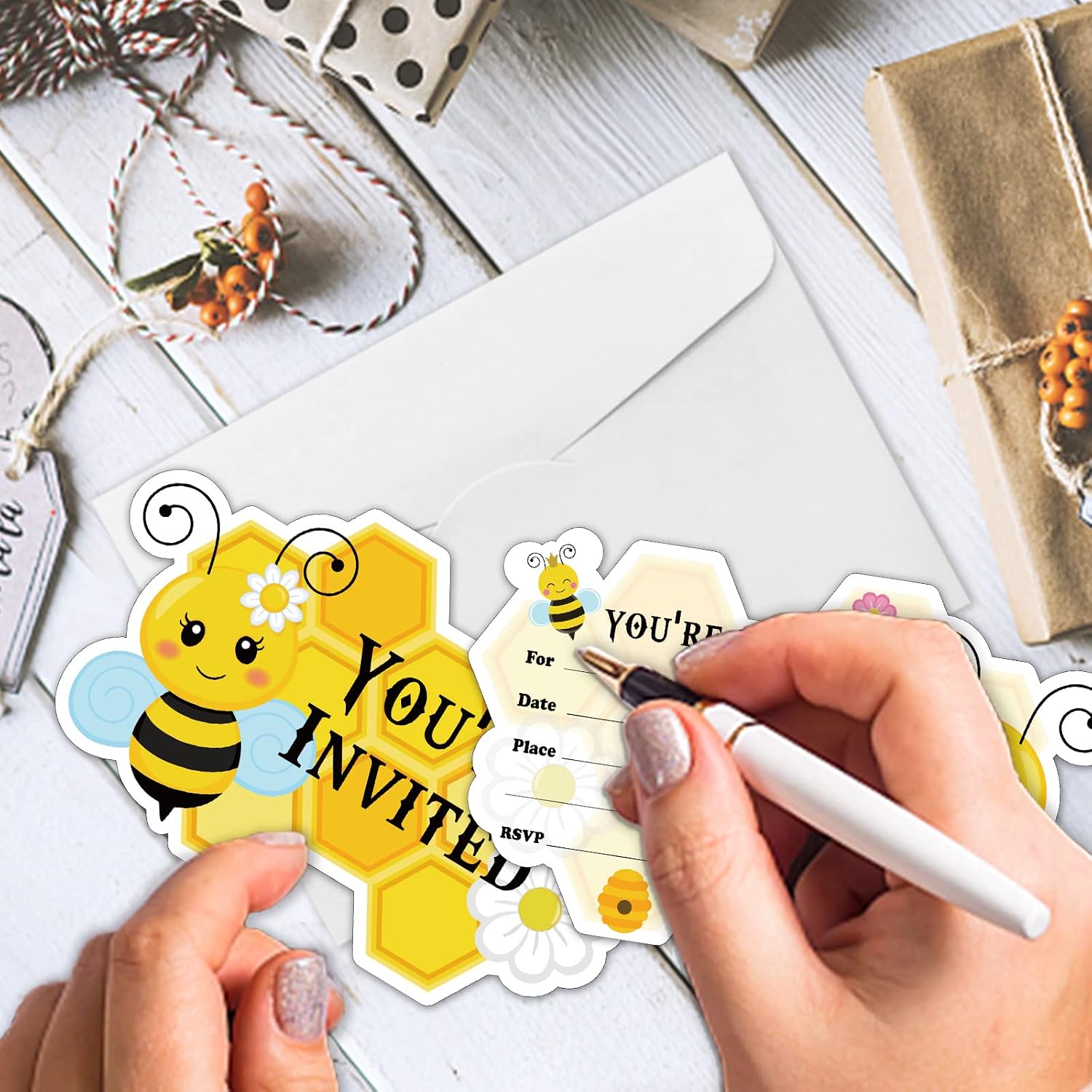 REWIDPARTY Cute Bee Birthday Party Invitations with Envelopes & Stickers（Set of 15） Honeycomb Shaped Fill-in Invitations Kids Party Invites Cards Party Supplies Favors for Birthday Baby Shower