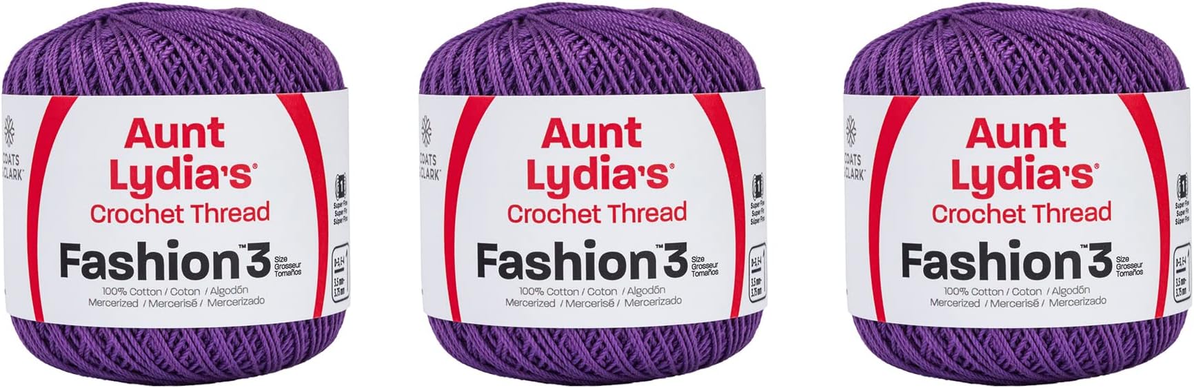 Aunt Lydia Fashion Purple Crochet - 3 Pack of 150y/137m - Cotton - Gauge 3 - Crochet