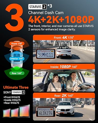 Miniatura 2 de IIWEY Cámara de tablero 4K de 3 canales, triple STARVIS 2 sensores (IMX678 frontal, IMX675 cabina y trasera), 4K+2K+1080P HDR, visión nocturna 3.0,