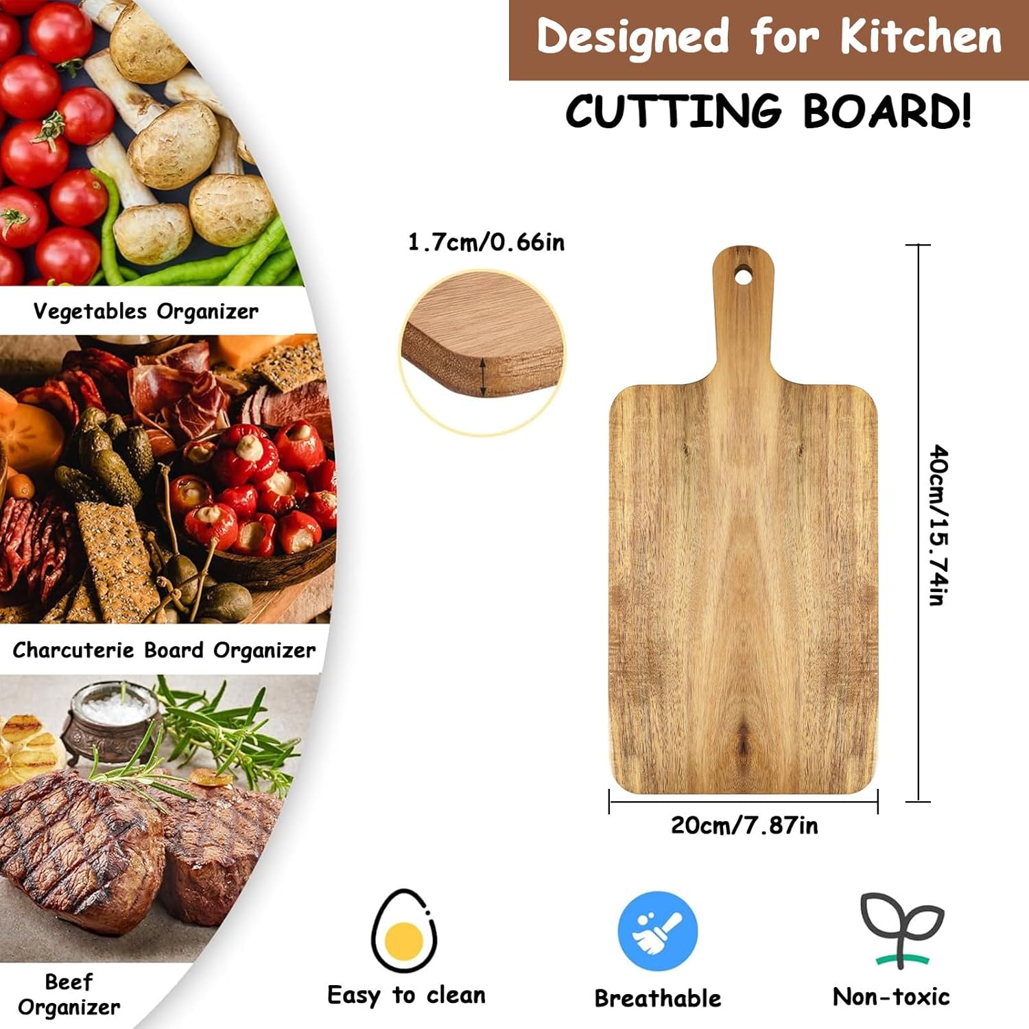 10 Pcs Acacia Wood Cutting Board with Handle,Wooden Chopping Boards Kitchen Cutting Board for Meat Bread Fruit Cheese Serving Board Charcuterie Boards Chopping Blocks,7.8x15.7in