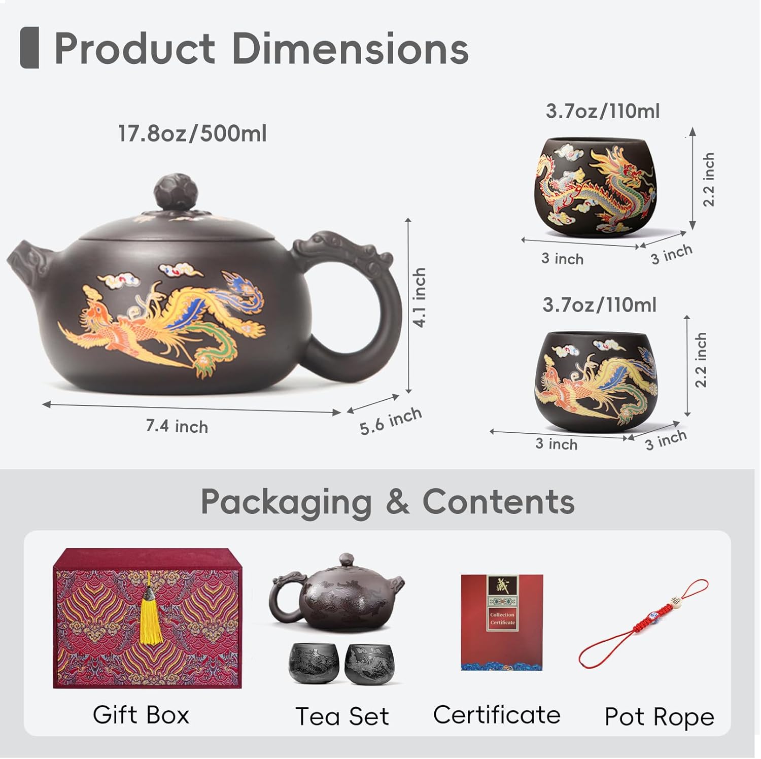 Hand-made Dragon and Phoenix Color-changing Purple Clay Magic Teapot -18oz Large Zisha Tea Pot Chinese Gong Fu Tea Set Tea Lover‘s Gift (Teapot+2Cups)