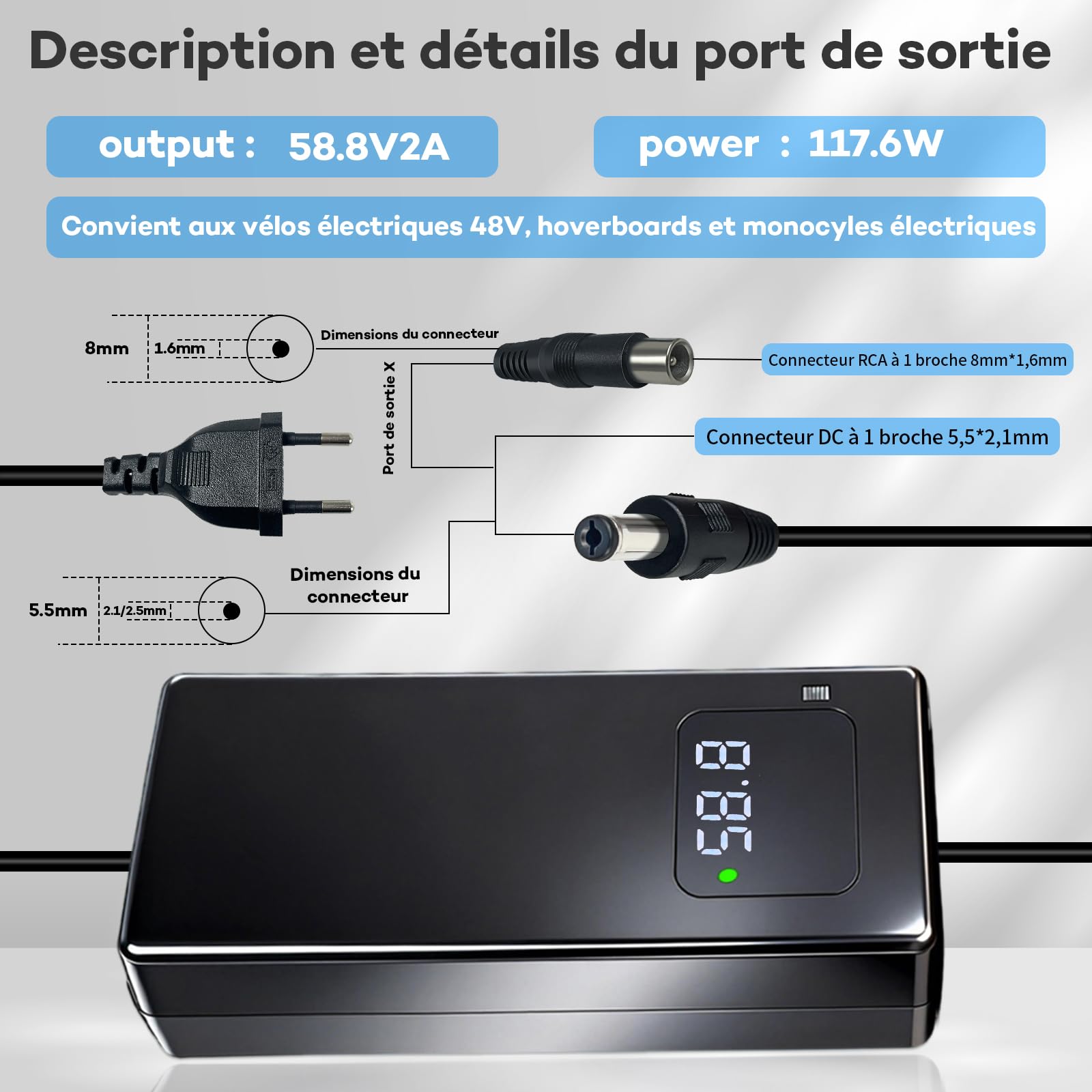 Cargador de 58,8 V 2 A para batería de iones de litio 52 V - Cargador de bicicleta eléctrica y patinete con pantalla LED