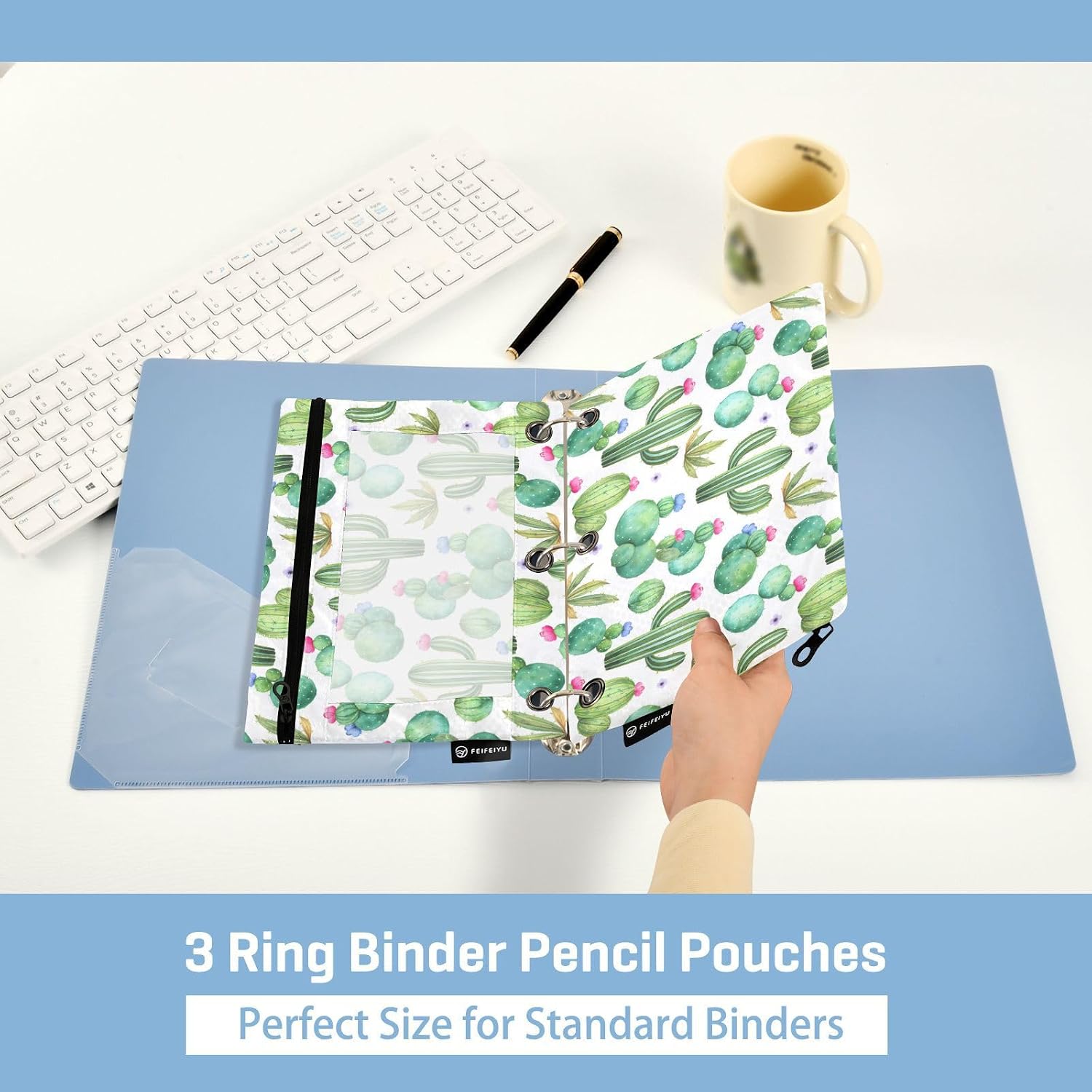 ALAZA Pencil Pouch for 3 Ring Binder, Watercolor Cactus Cacti Binder Pencil Pouches with Clear Window Zipper Pencil Case Cosmetic Bags for Office College Supplies, 2PCS image 5