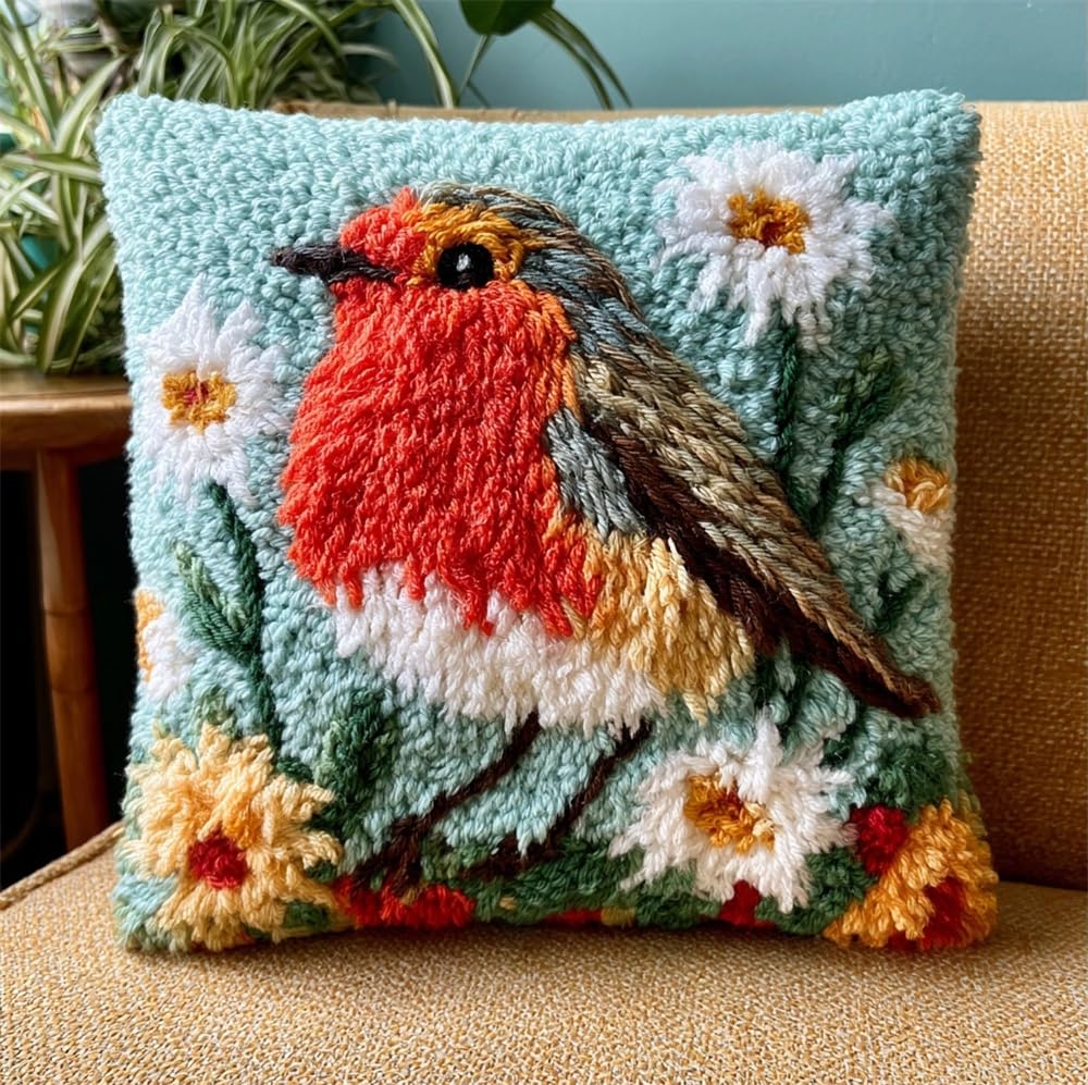 kitphoenix Latch Hook Cushion Kits Robin and Flowers