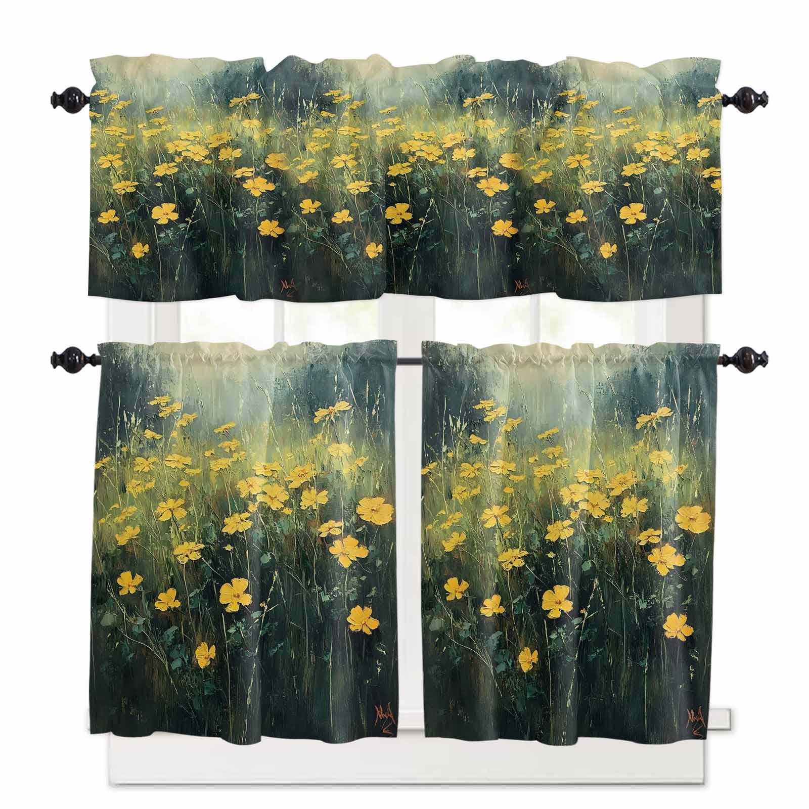 Yellow Spring Floral Kitchen Curtains 36 Inch Length,3 Piece Rod Pocket Small Half Tiers and Valance Set,Modern Oil Painting Summer Botanical Small Large Window Treatment Decor for Bedroom/Bathroom