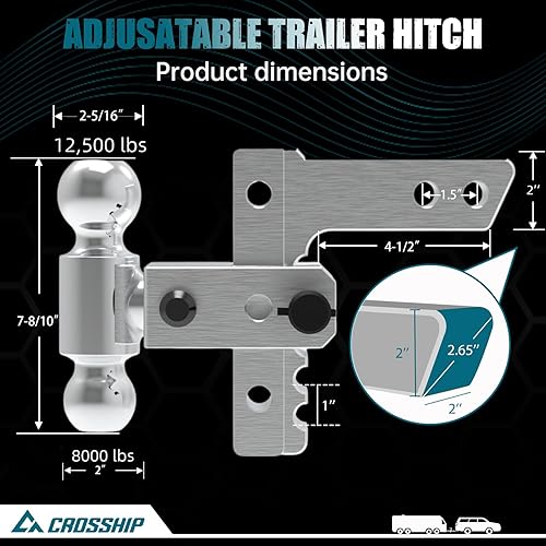 Miniatura 6 de Enganche de remolque ajustable  Enganche de barra de tracción de aluminio resistente  Se adapta a receptor de 2 pulgadas, caídaelevación de 6
