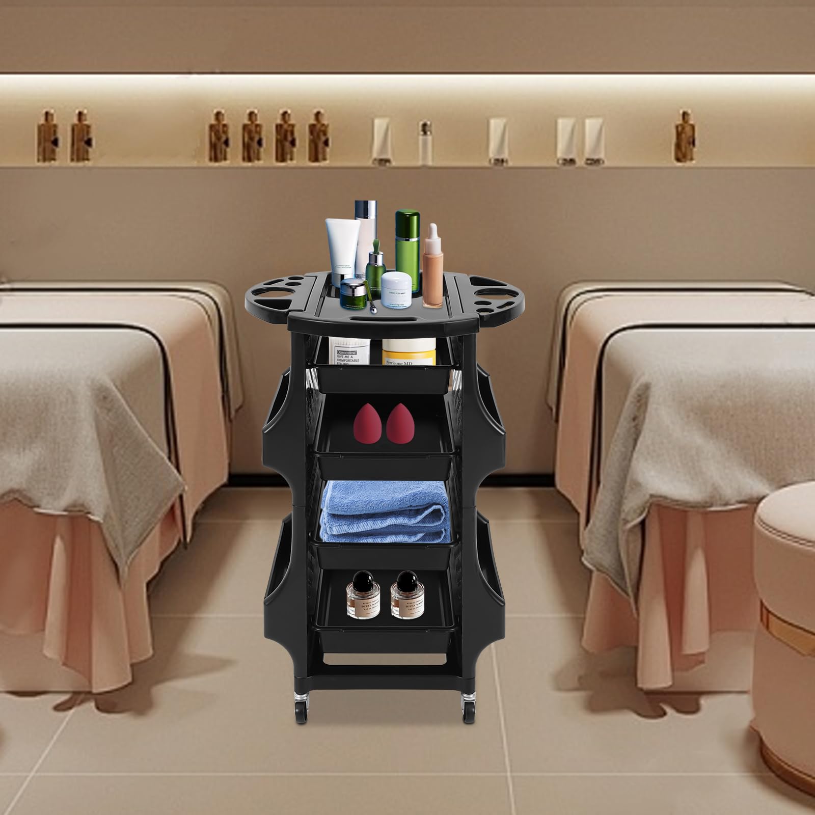 Carro de peluquería con 4 cajones, carrito de salón con cesta lateral para peluquería, peluquería, peluquería, peluquería, 52 x 44 x 79 cm, color negro (4 cestas laterales)