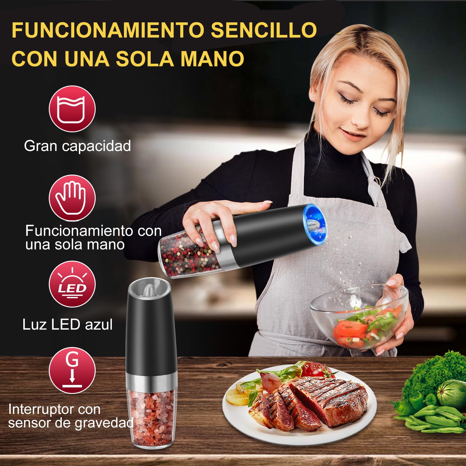 Molinillo Pimienta, Hotec Molinillos Eléctricos de Pimienta y Sal, 9 oz de Alta Capacidad, Funciona con Pilas AAA con Sensor de Gravedad, 6 Niveles de Molienda e Indicador LED,Juego de 2